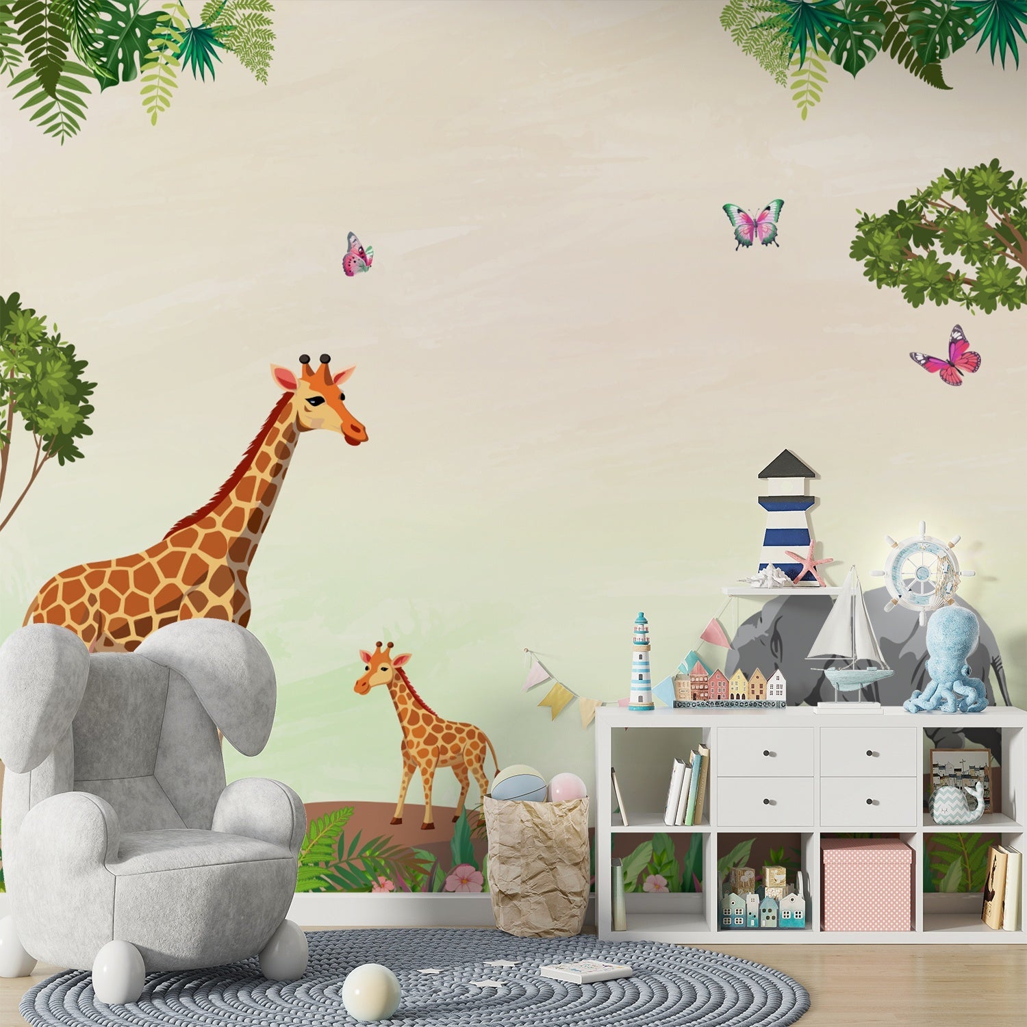 Whimsical safari scene with giraffes, butterflies and lighthouse against mint green tropical background - view 7 - final