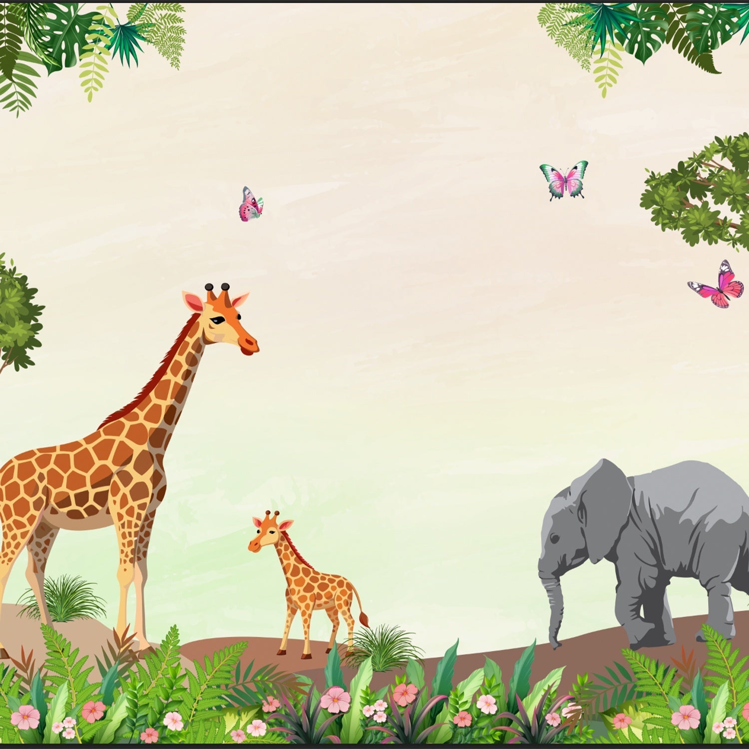 Whimsical safari scene with giraffes, butterflies and lighthouse against mint green tropical background - view 8 - final