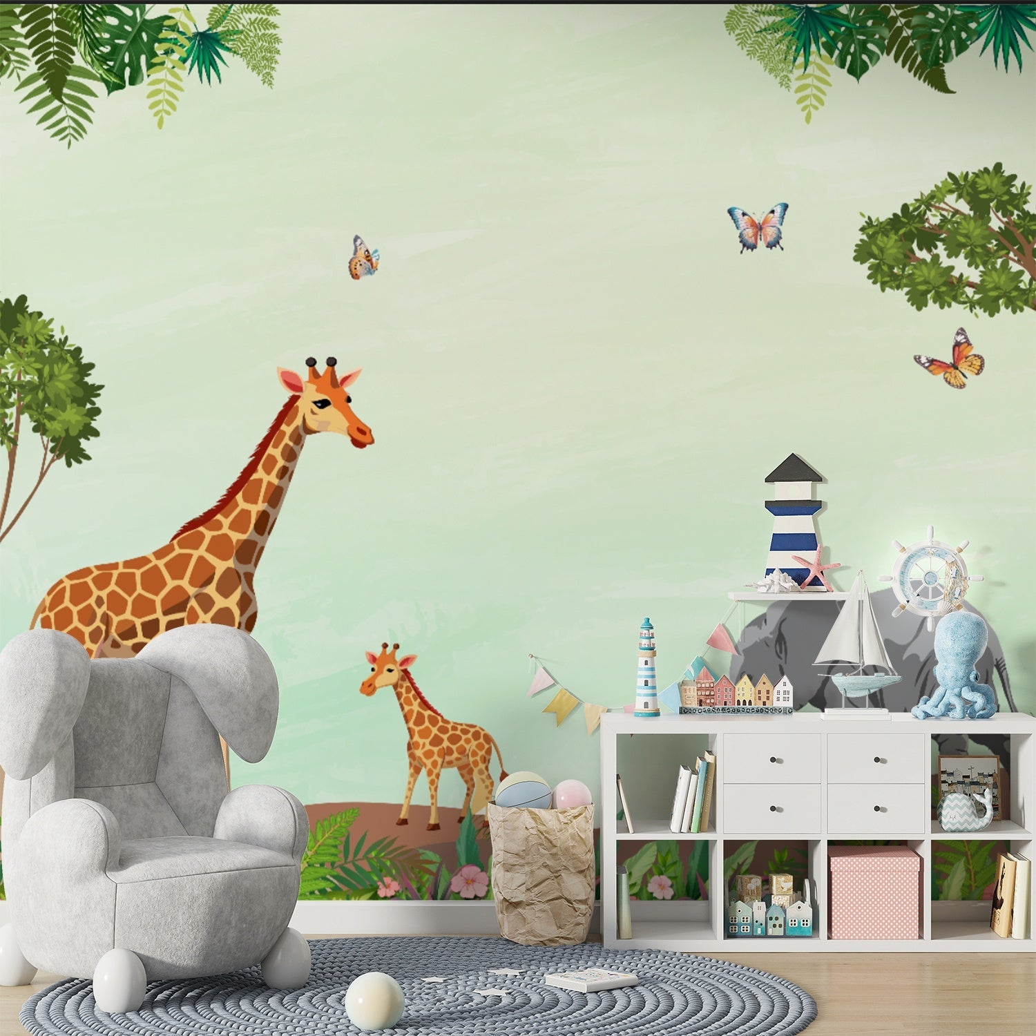Whimsical safari scene with giraffes, butterflies and lighthouse against mint green tropical background - final kids-room