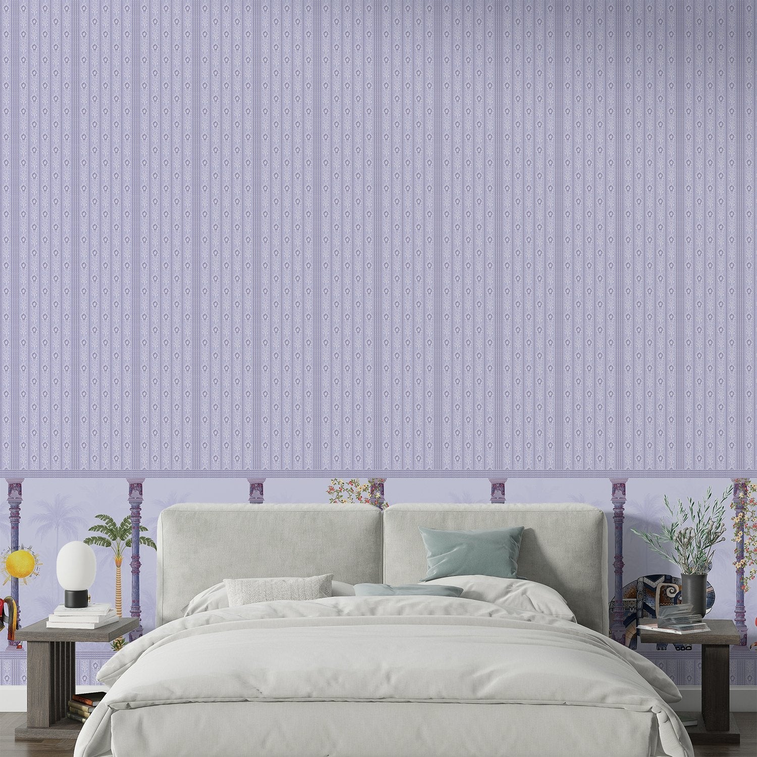 Blush pink striped wall with decorative tropical palm border featuring vintage leisure scenes - view 10 - final