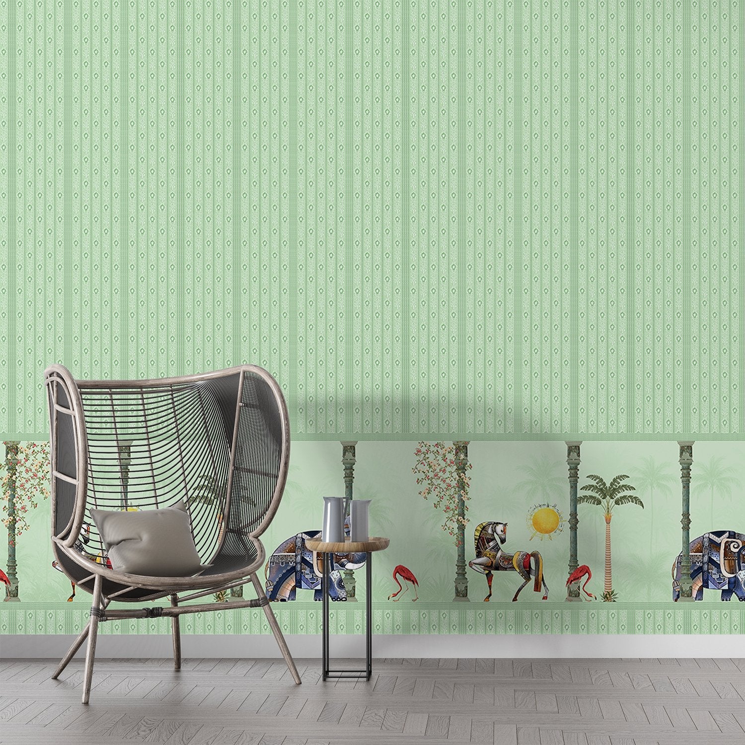 Blush pink striped wall with decorative tropical palm border featuring vintage leisure scenes - view 13 - final