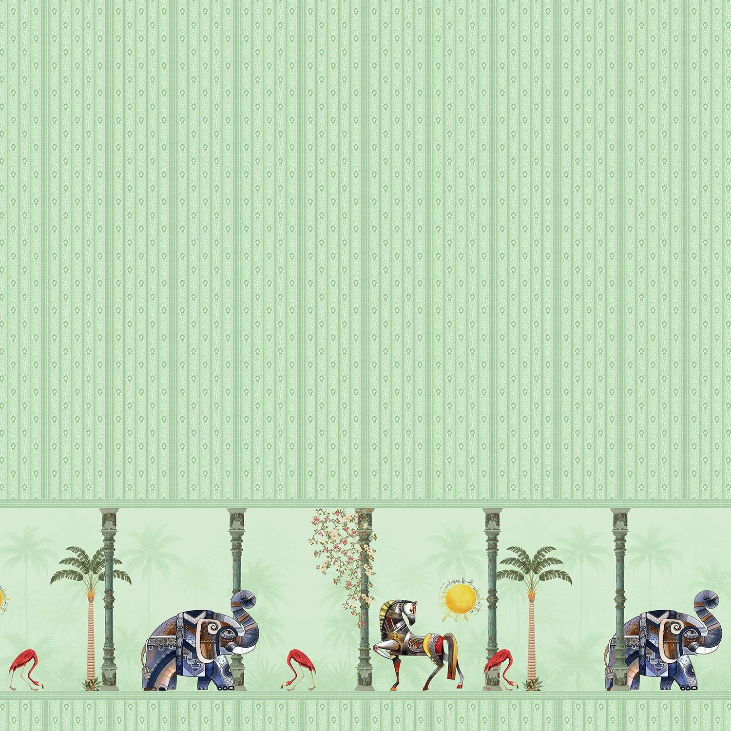 Blush pink striped wall with decorative tropical palm border featuring vintage leisure scenes - view 14 - final