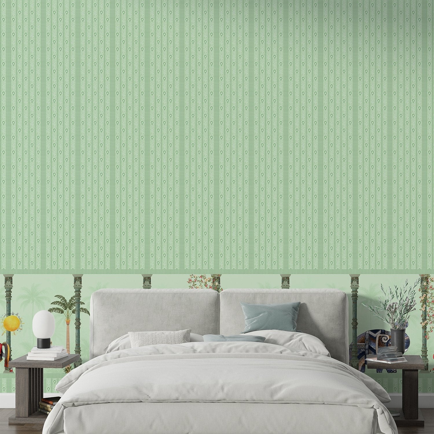 Blush pink striped wall with decorative tropical palm border featuring vintage leisure scenes - view 15 - final