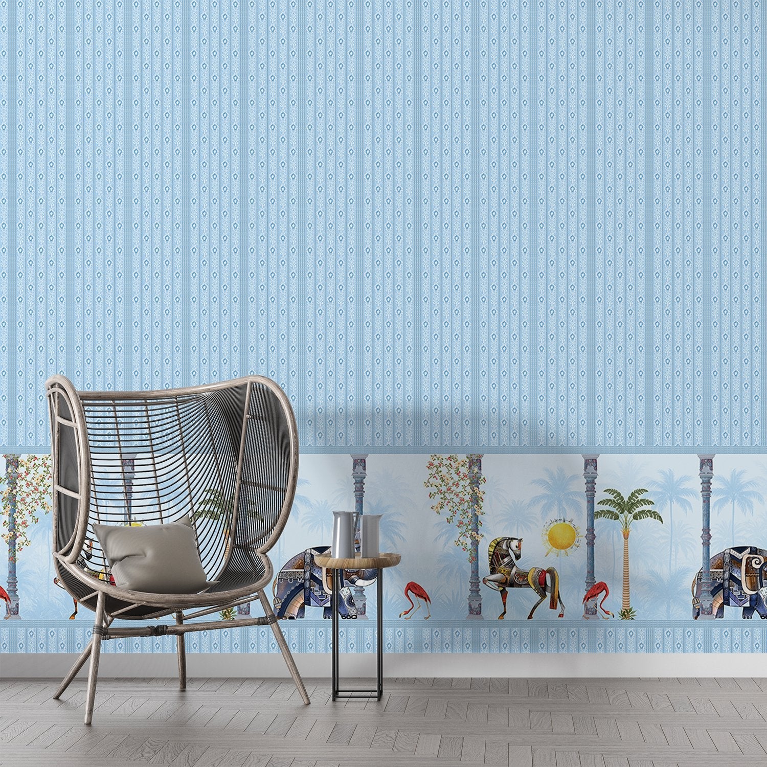 Blush pink striped wall with decorative tropical palm border featuring vintage leisure scenes - view 18 - final