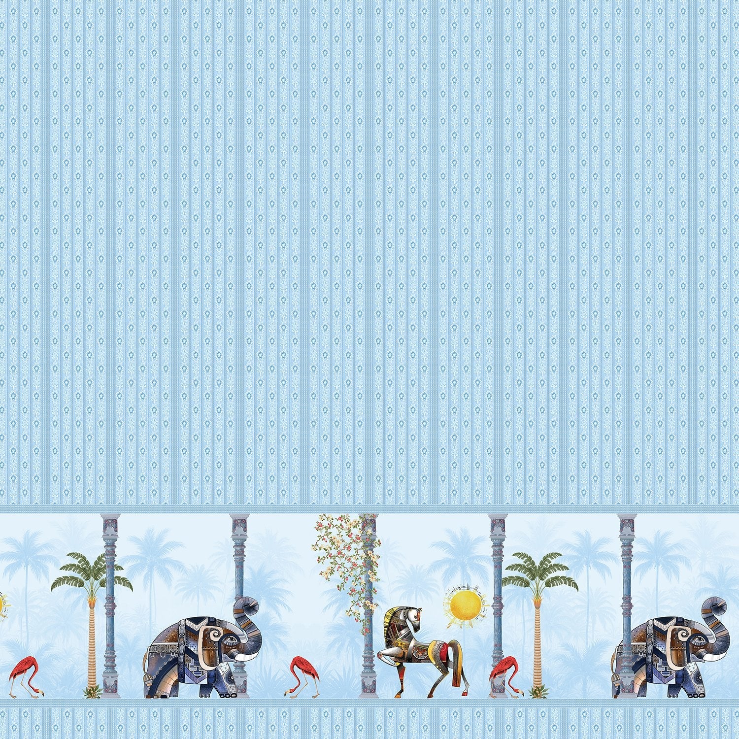 Blush pink striped wall with decorative tropical palm border featuring vintage leisure scenes - view 19 - final