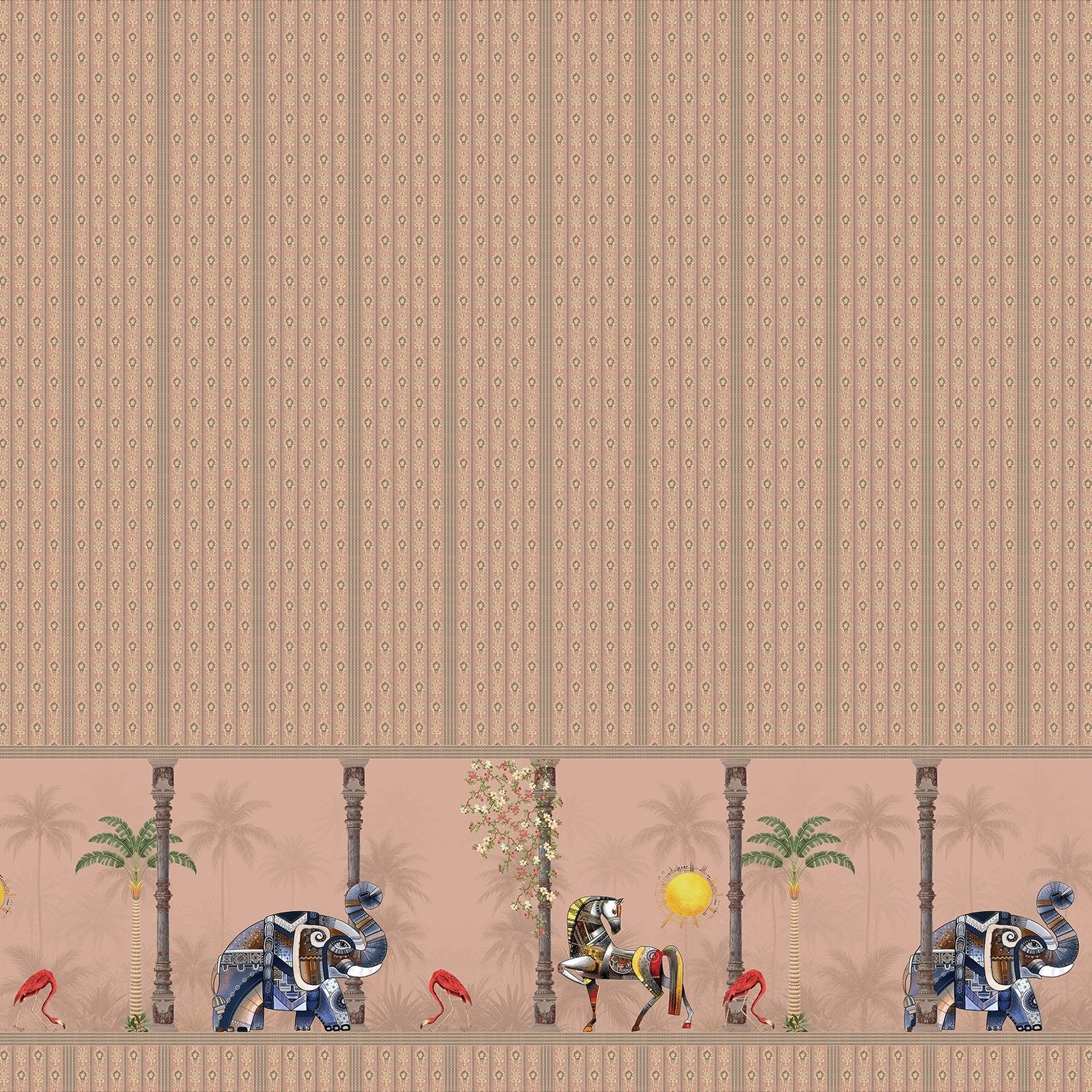 Blush pink striped wall with decorative tropical palm border featuring vintage leisure scenes - view 2 - final