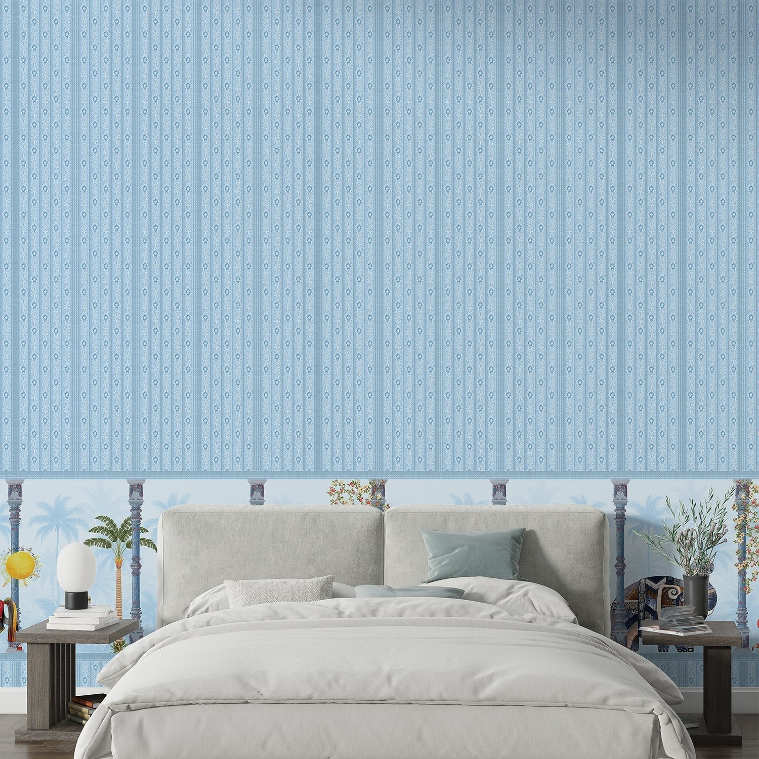 Blush pink striped wall with decorative tropical palm border featuring vintage leisure scenes - view 20 - final