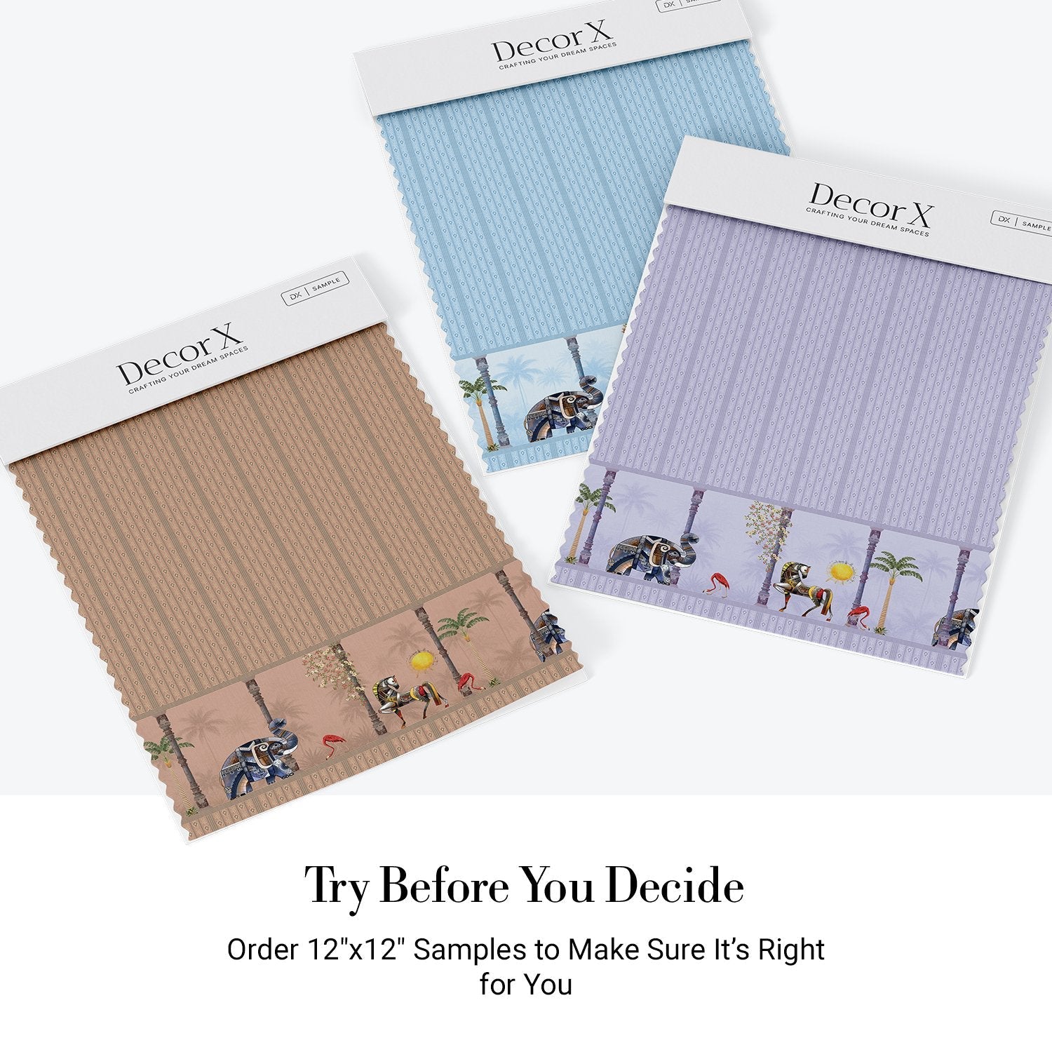 Blush pink striped wall with decorative tropical palm border featuring vintage leisure scenes - view 23 - final all-groups samples