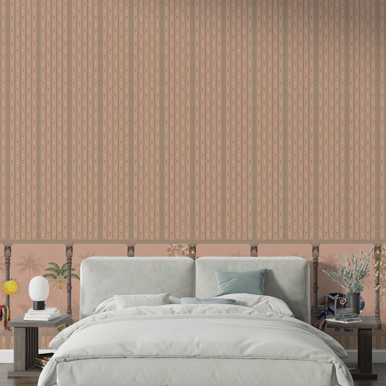 Blush pink striped wall with decorative tropical palm border featuring vintage leisure scenes - view 3 - final bed-room
