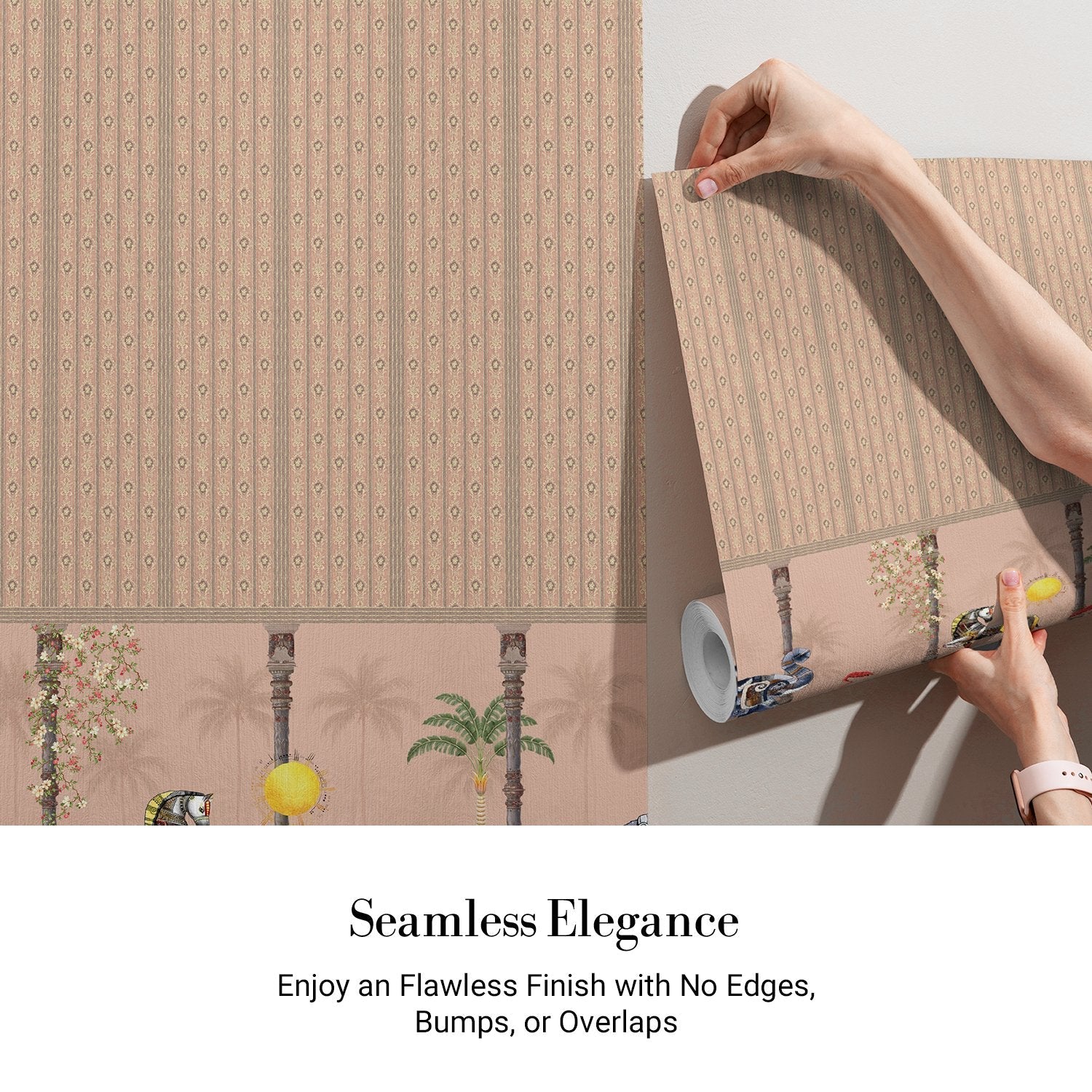 Blush pink striped wall with decorative tropical palm border featuring vintage leisure scenes - view 4 - final