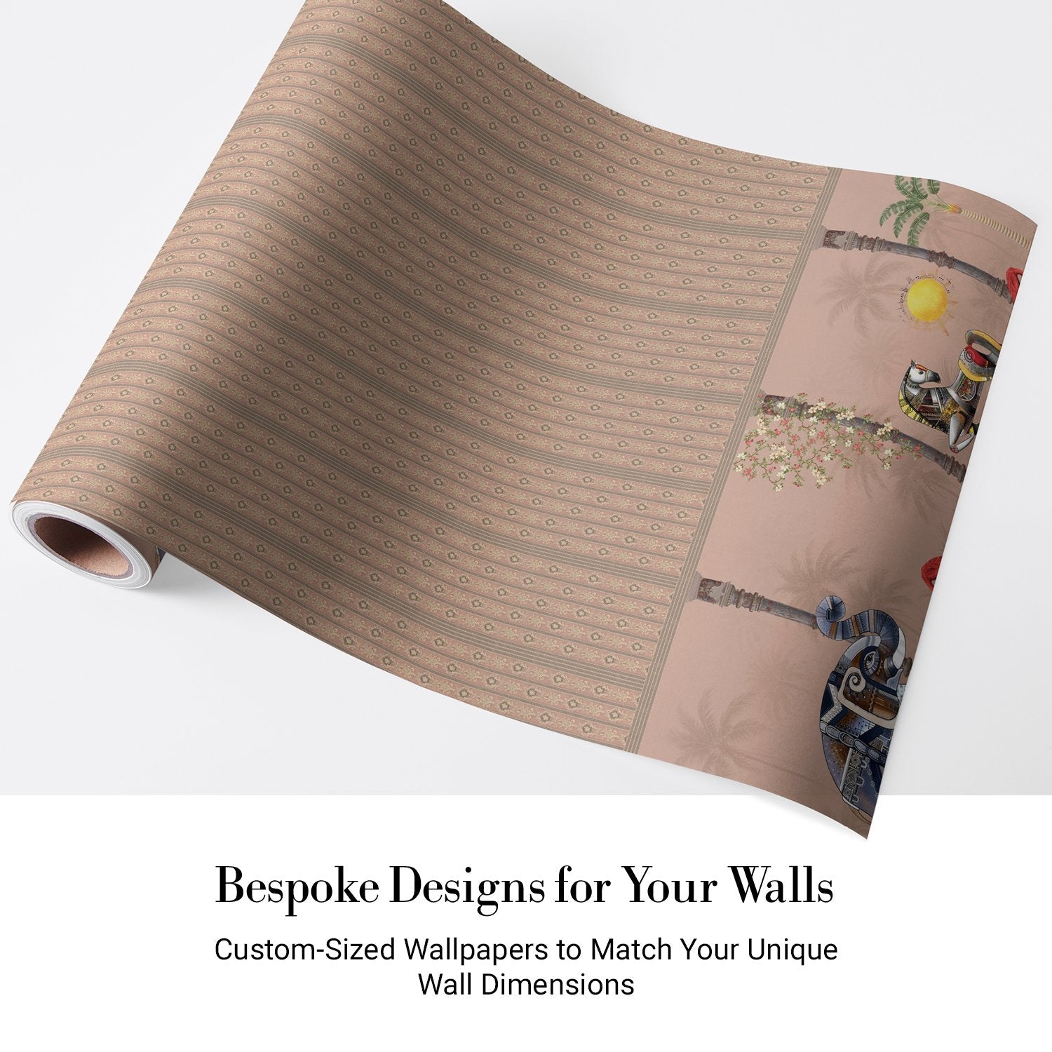 Blush pink striped wall with decorative tropical palm border featuring vintage leisure scenes - view 5 - final