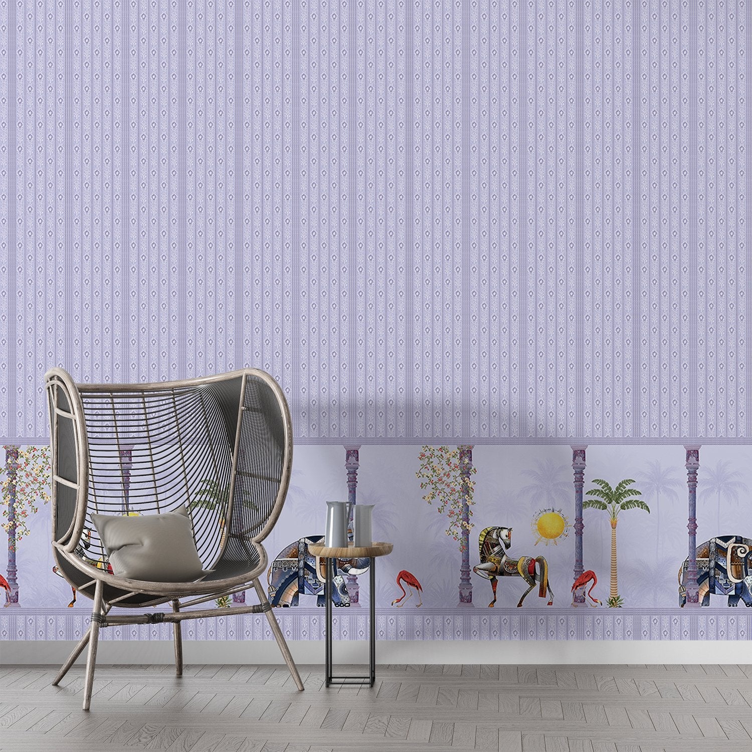 Blush pink striped wall with decorative tropical palm border featuring vintage leisure scenes - view 8 - final