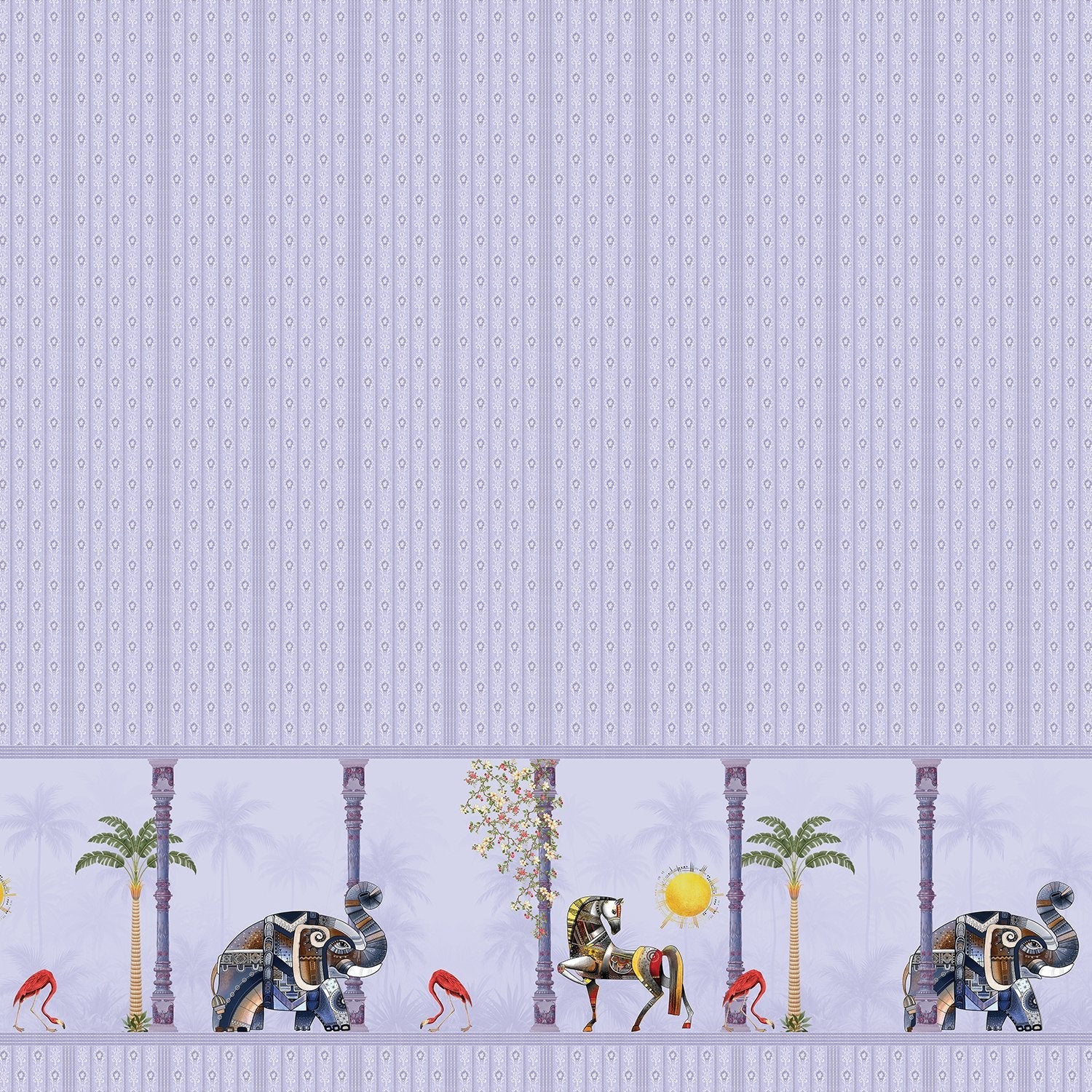 Blush pink striped wall with decorative tropical palm border featuring vintage leisure scenes - view 9 - final