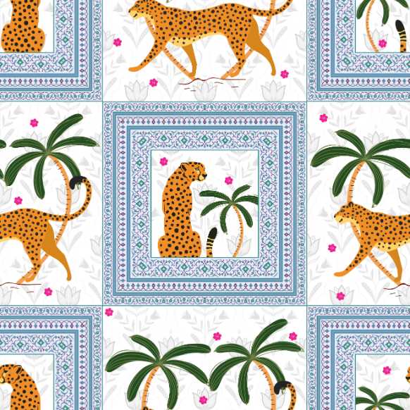 Repeating squares featuring orange leopards and palm trees in vintage safari style layout - view 11 - repeat-original - final