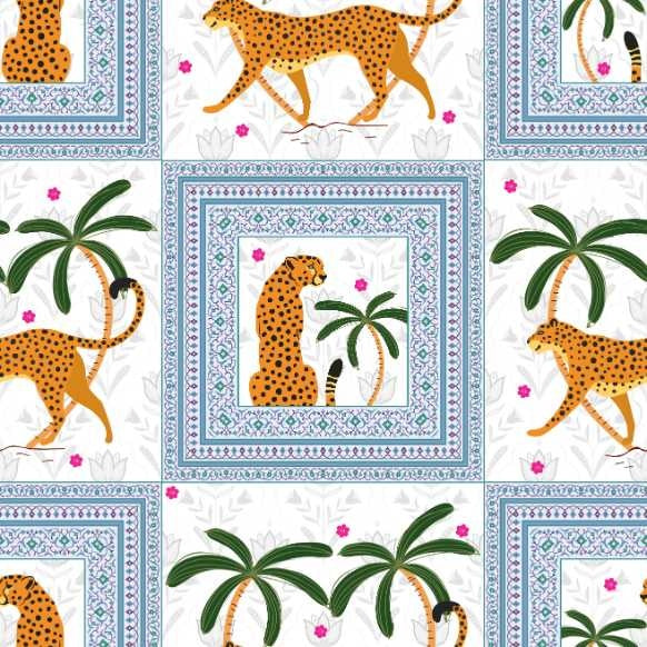 Repeating squares featuring orange leopards and palm trees in vintage safari style layout - view 12 - repeat-small - final