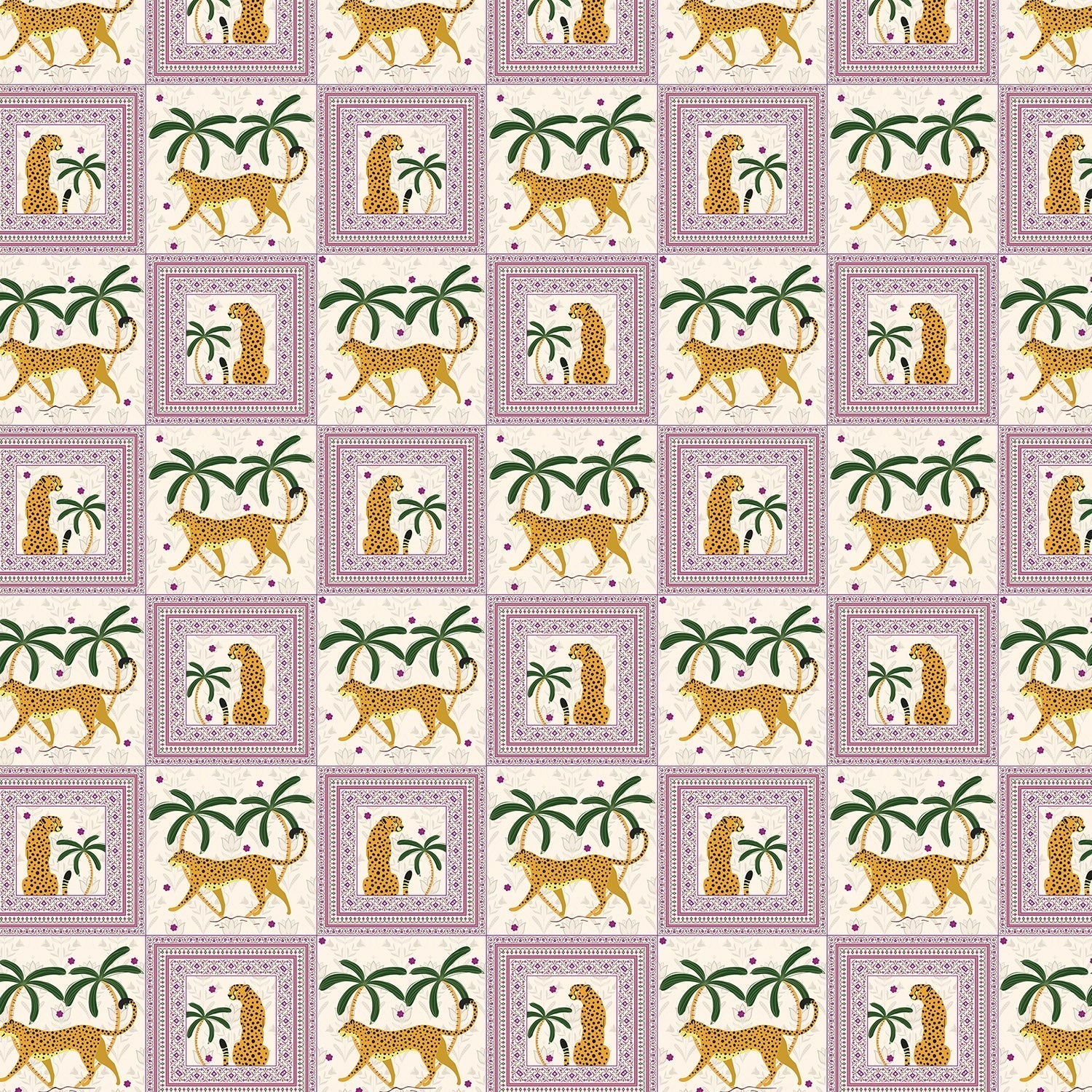 Repeating squares featuring orange leopards and palm trees in vintage safari style layout - view 14 - final