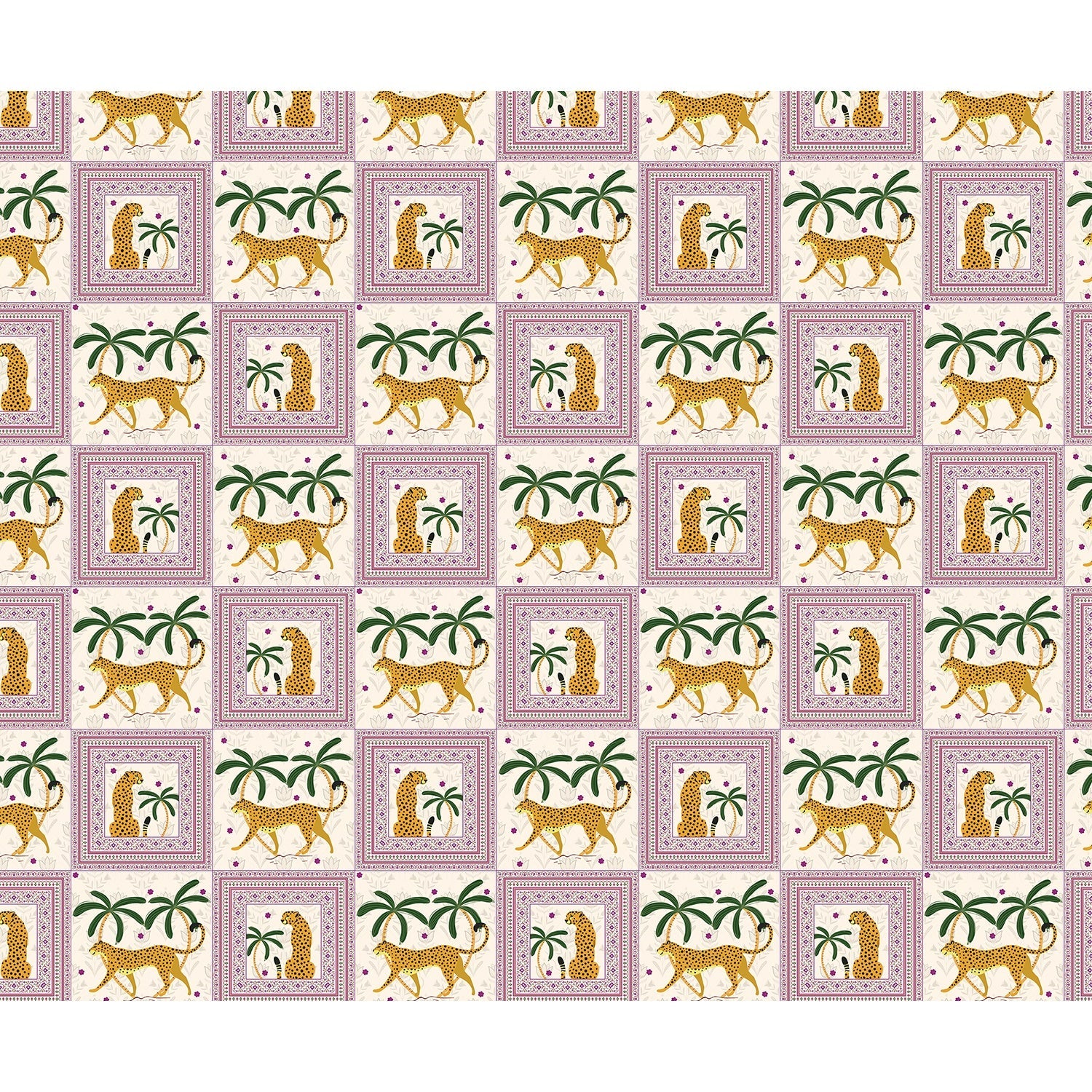 repeat-full-square Repeating squares featuring orange leopards and palm trees in vintage safari style layout - view 15 - final
