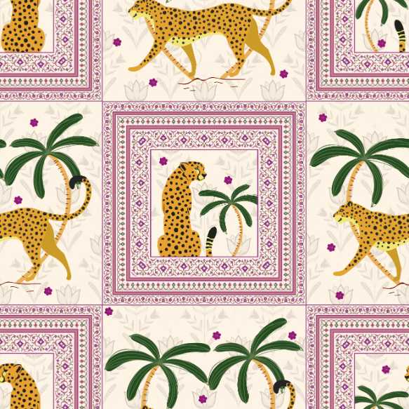 Repeating squares featuring orange leopards and palm trees in vintage safari style layout - view 16 - repeat-original - final