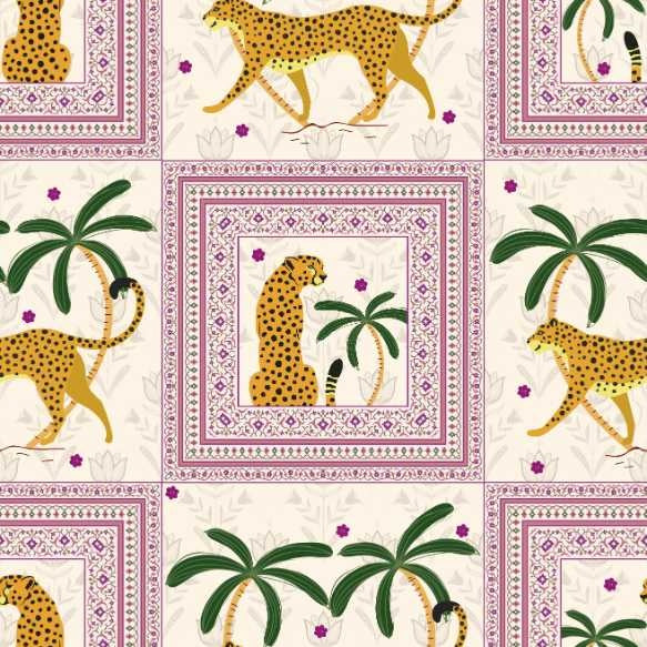 Repeating squares featuring orange leopards and palm trees in vintage safari style layout - view 17 - repeat-small - final