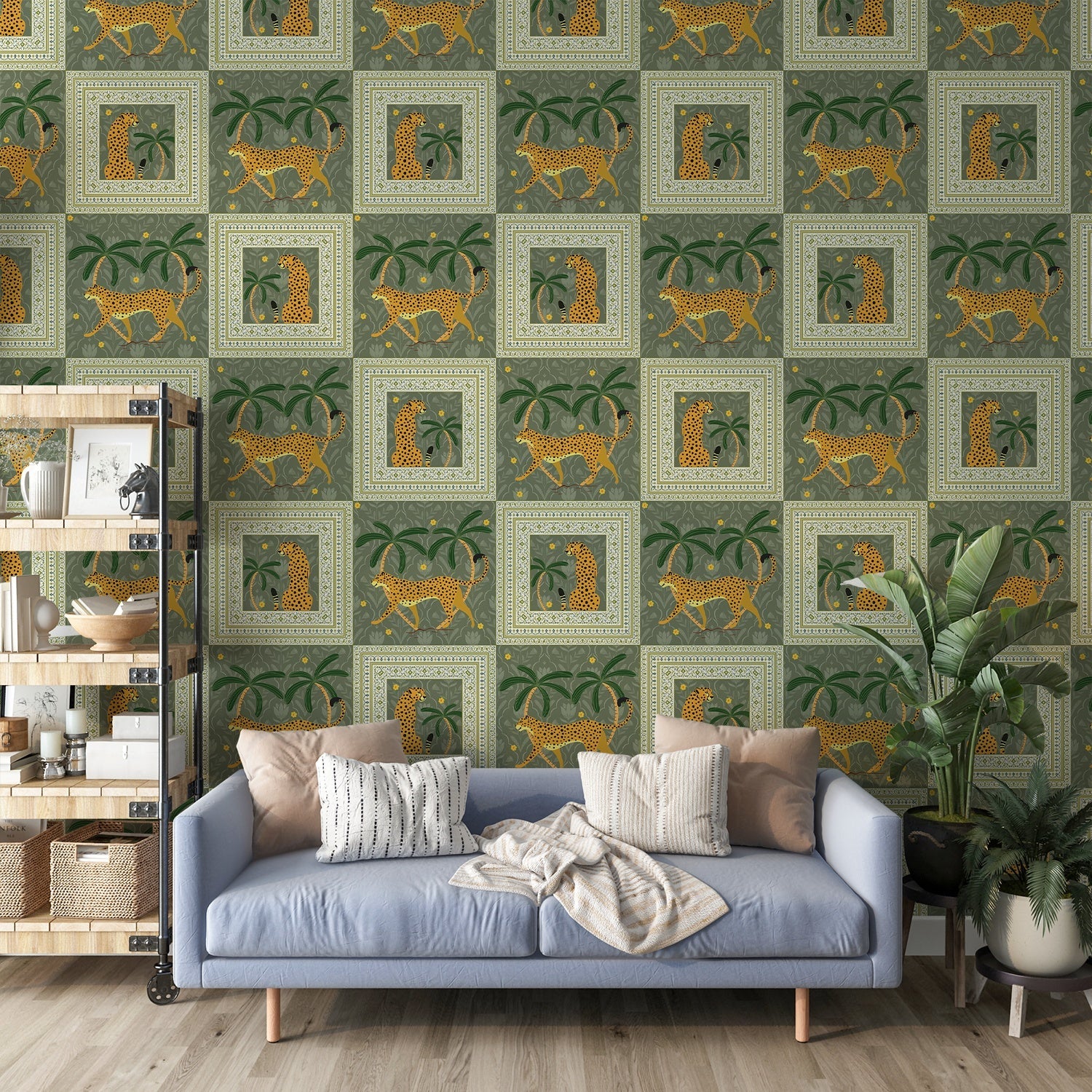 Repeating squares featuring orange leopards and palm trees in vintage safari style layout - view 18 - final