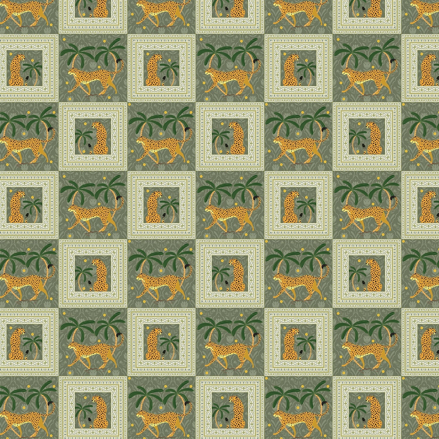 Repeating squares featuring orange leopards and palm trees in vintage safari style layout - view 19 - final