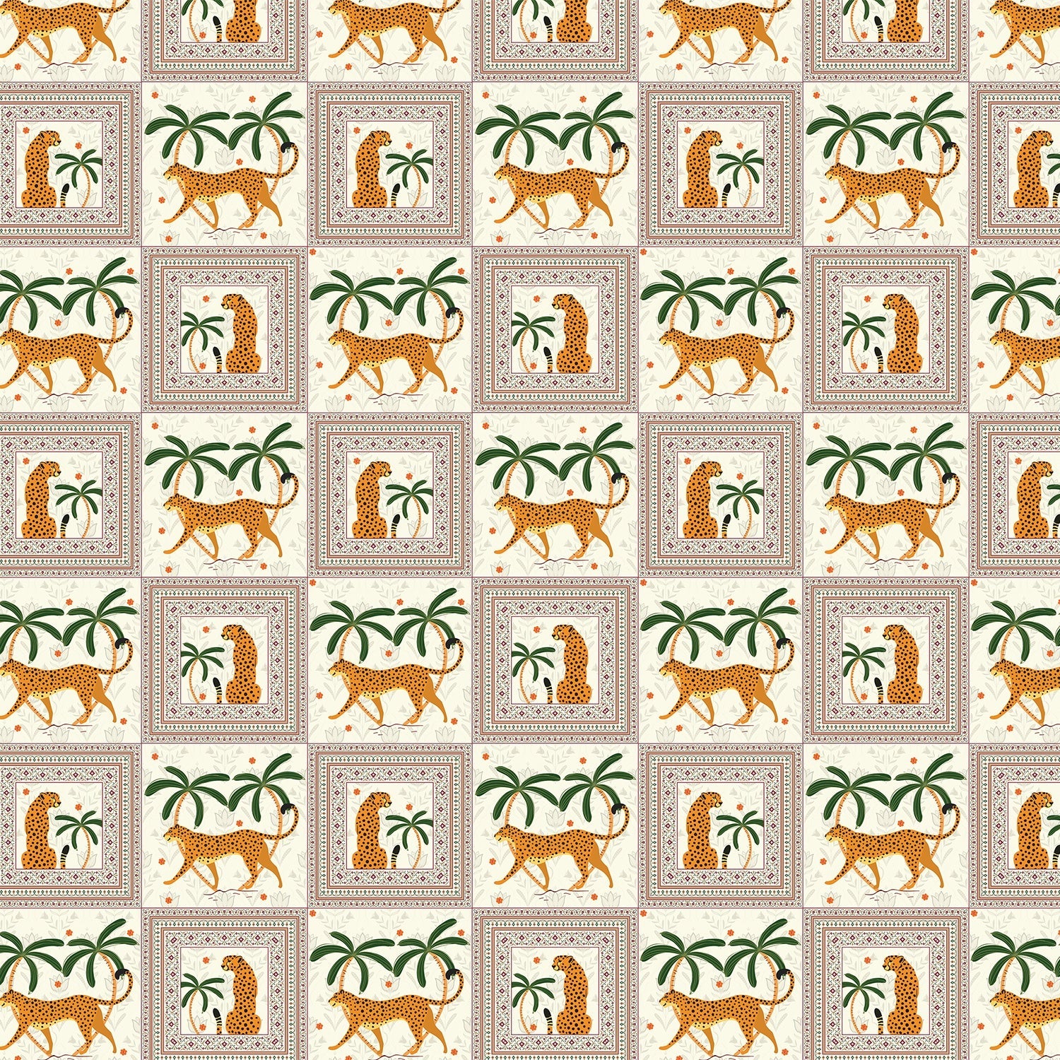 Repeating squares featuring orange leopards and palm trees in vintage safari style layout - view 2 - final