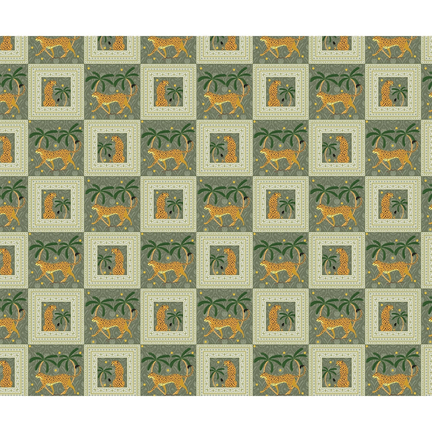 repeat-full-square Repeating squares featuring orange leopards and palm trees in vintage safari style layout - view 20 - final
