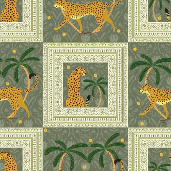 Repeating squares featuring orange leopards and palm trees in vintage safari style layout - view 22 - repeat-small - final