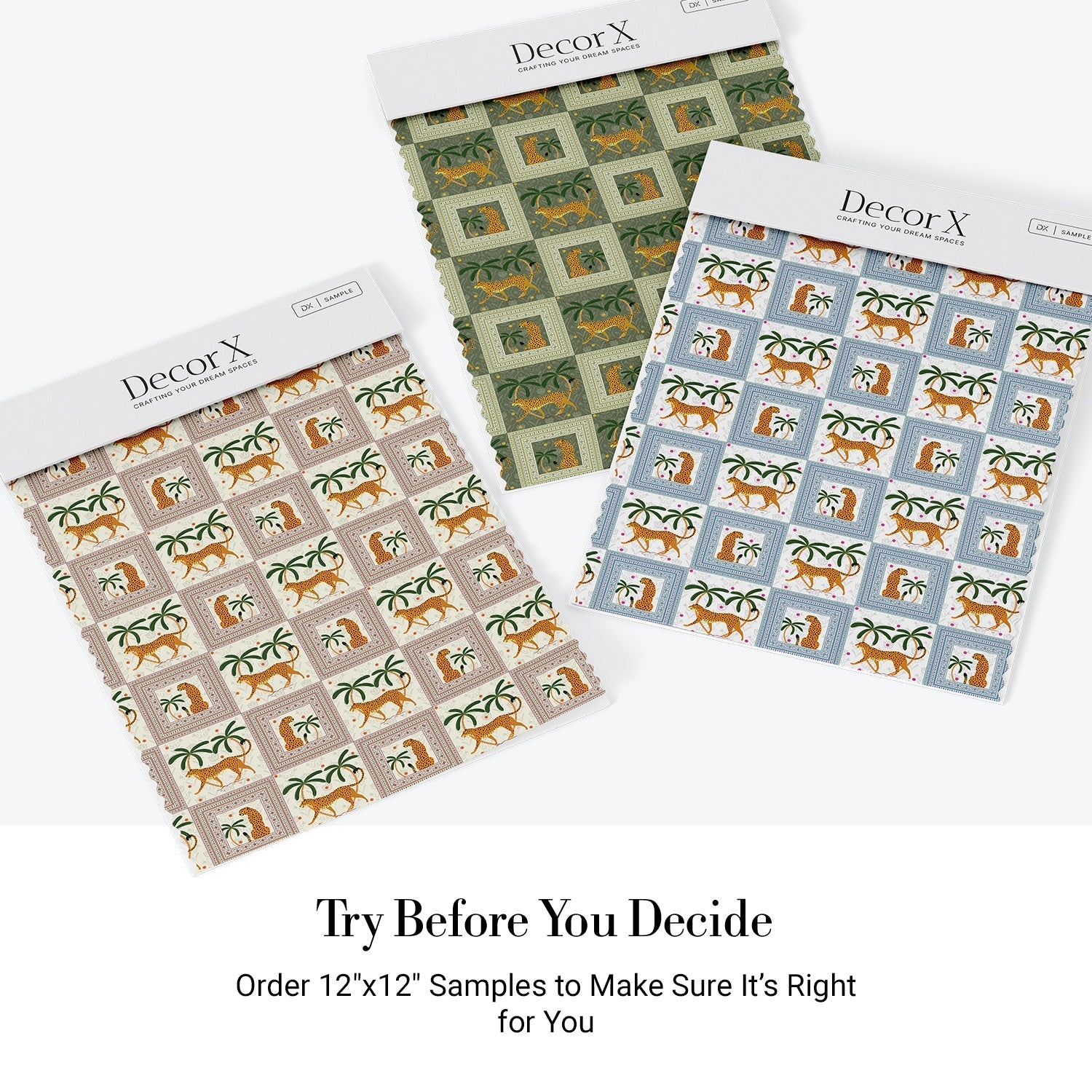 Repeating squares featuring orange leopards and palm trees in vintage safari style layout - view 23 - final all-groups samples