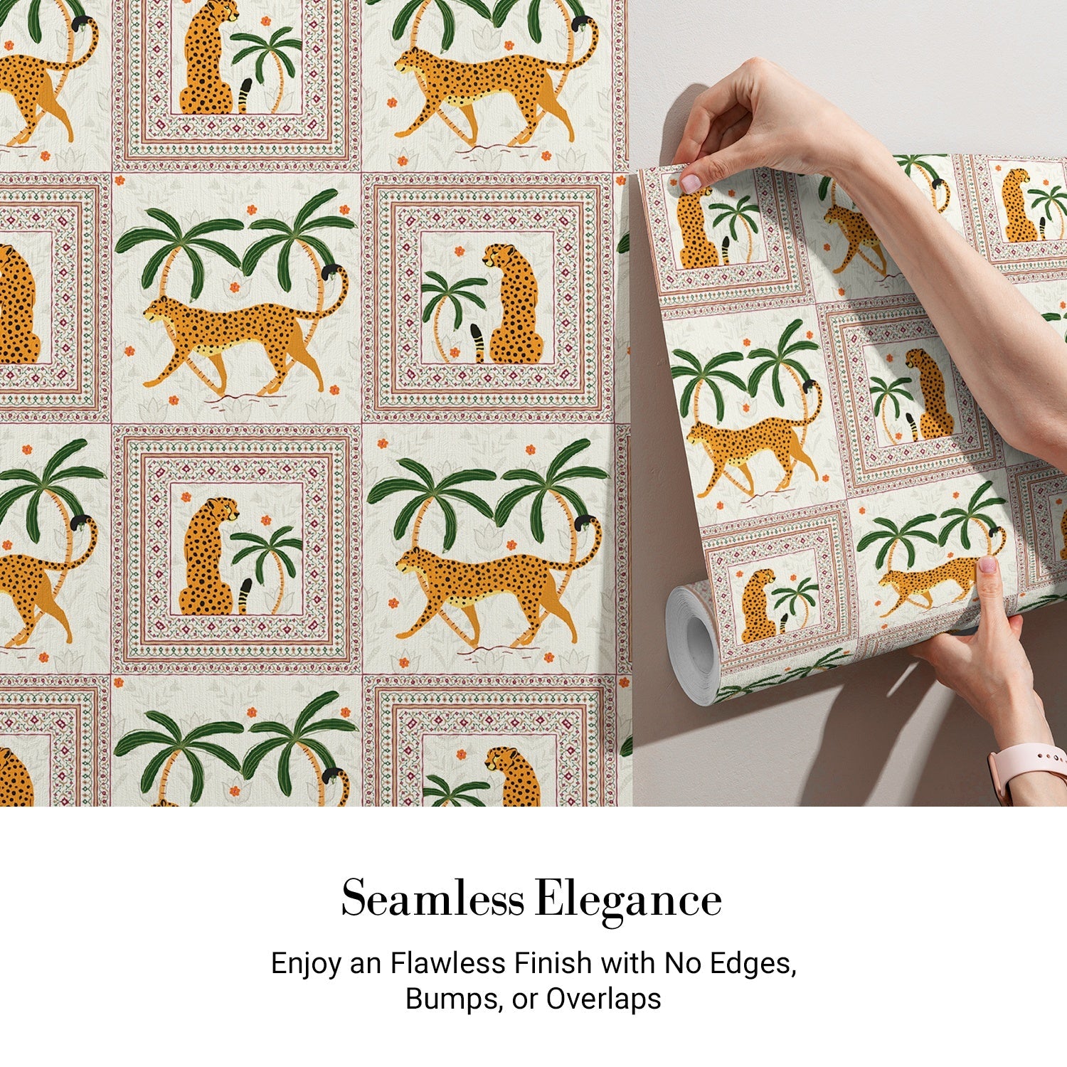 Repeating squares featuring orange leopards and palm trees in vintage safari style layout - view 3 - final