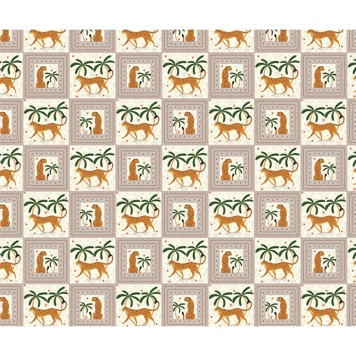 Repeating squares featuring orange leopards and palm trees in vintage safari style layout - view 5 - repeat-full-square - final
