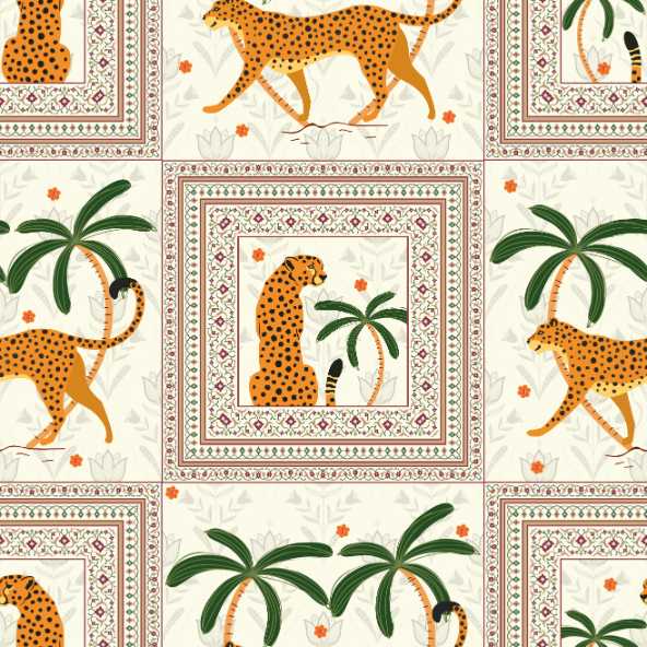 Repeating squares featuring orange leopards and palm trees in vintage safari style layout - view 6 - repeat-original - final