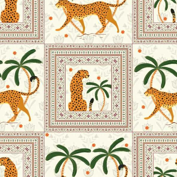 Repeating squares featuring orange leopards and palm trees in vintage safari style layout - view 7 - repeat-small - final