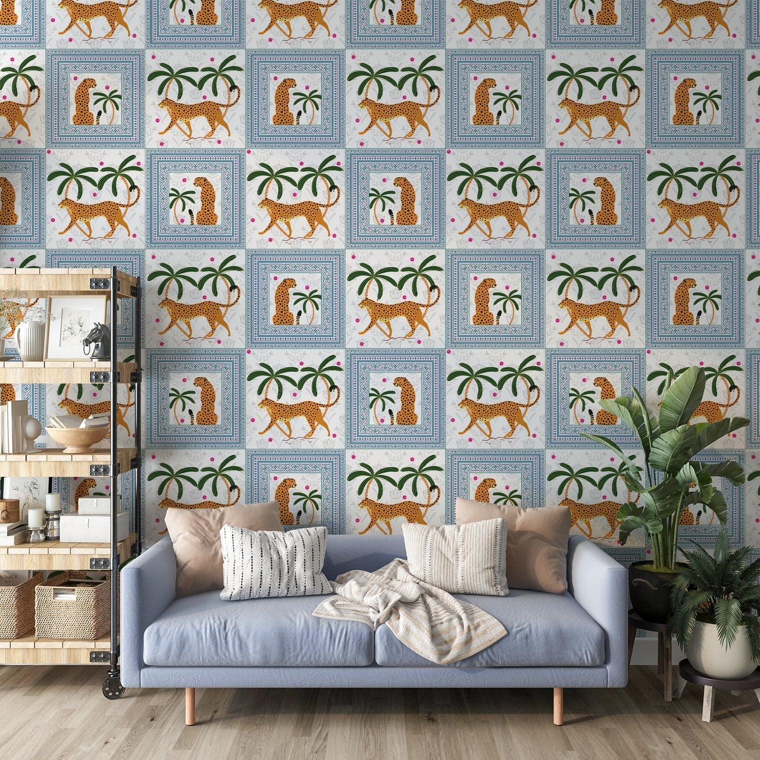 Repeating squares featuring orange leopards and palm trees in vintage safari style layout - view 8 - final