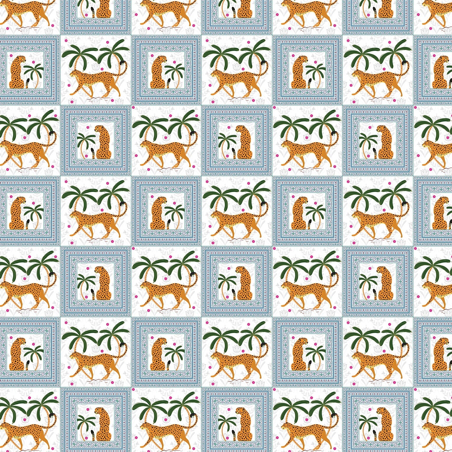 Repeating squares featuring orange leopards and palm trees in vintage safari style layout - view 9 - final