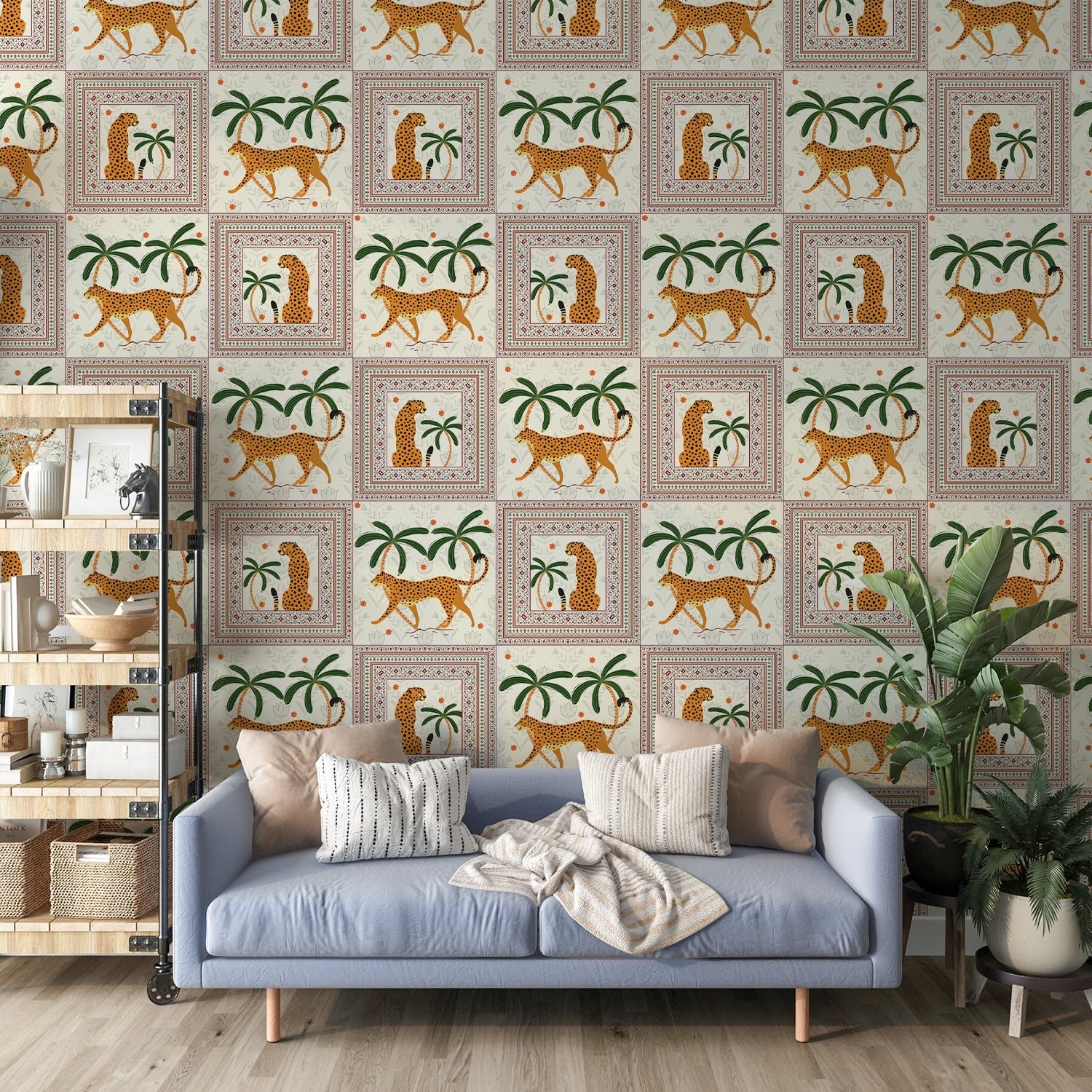 Repeating squares featuring orange leopards and palm trees in vintage safari style layout - final living-room