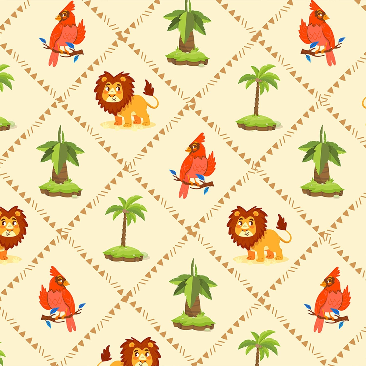 Repeating pattern of cartoon lions and red cardinals with palm trees on beige background - view 2 - final