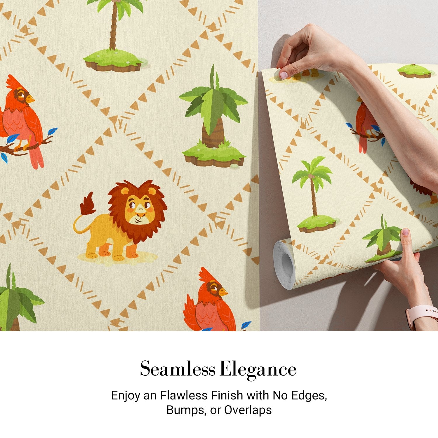 Repeating pattern of cartoon lions and red cardinals with palm trees on beige background - view 3 - final