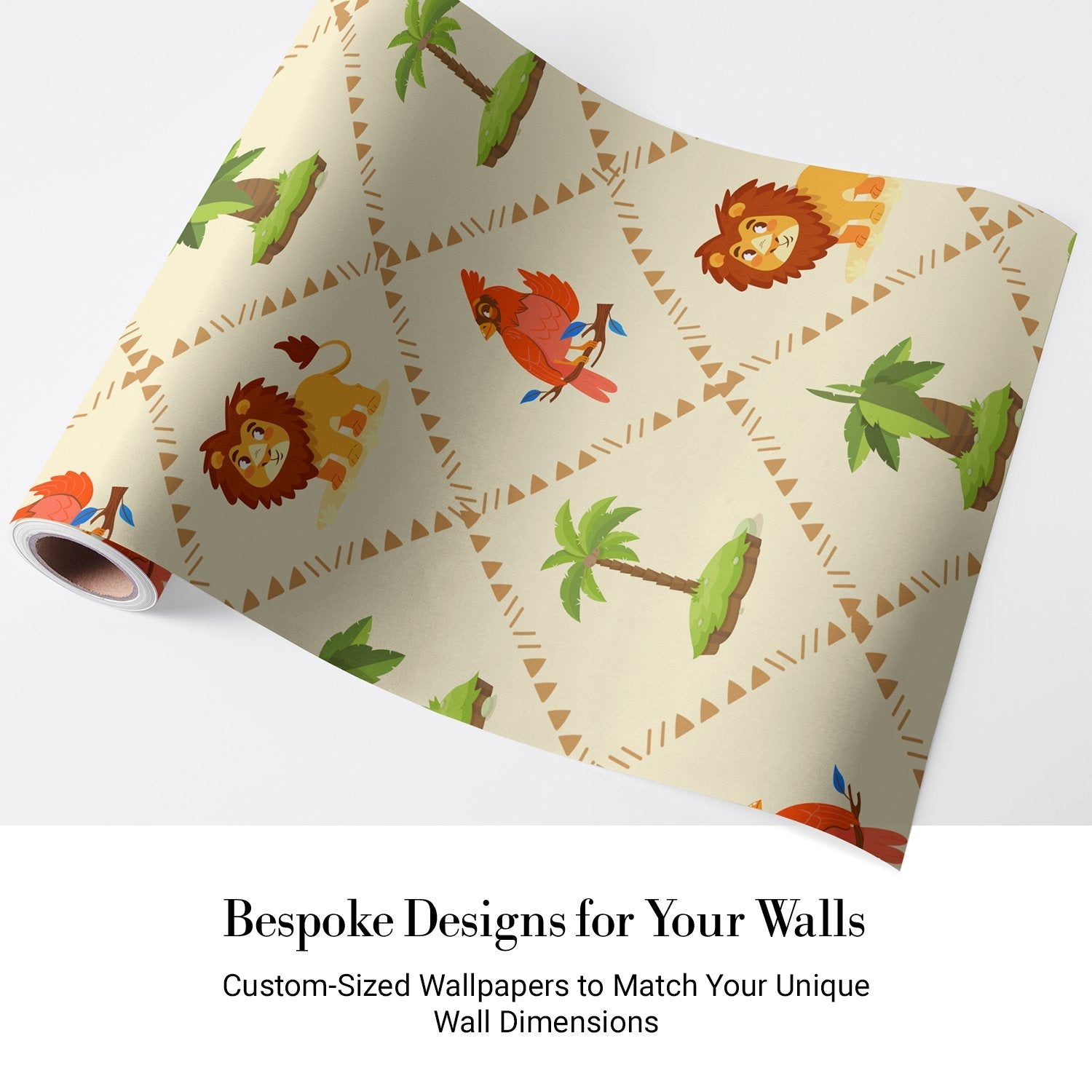 Repeating pattern of cartoon lions and red cardinals with palm trees on beige background - view 4 - final