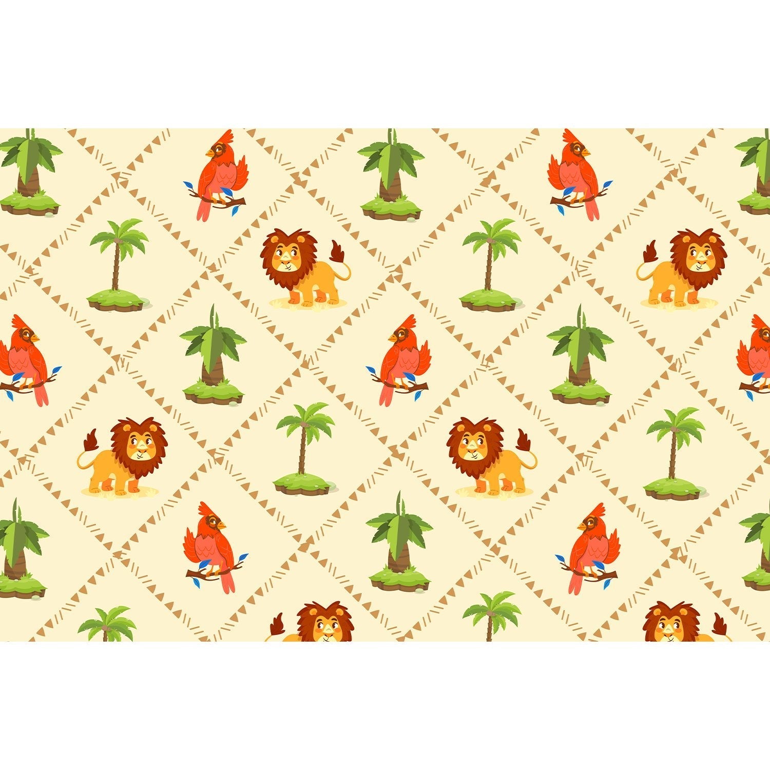 Repeating pattern of cartoon lions and red cardinals with palm trees on beige background - view 5 - mural-equal - final