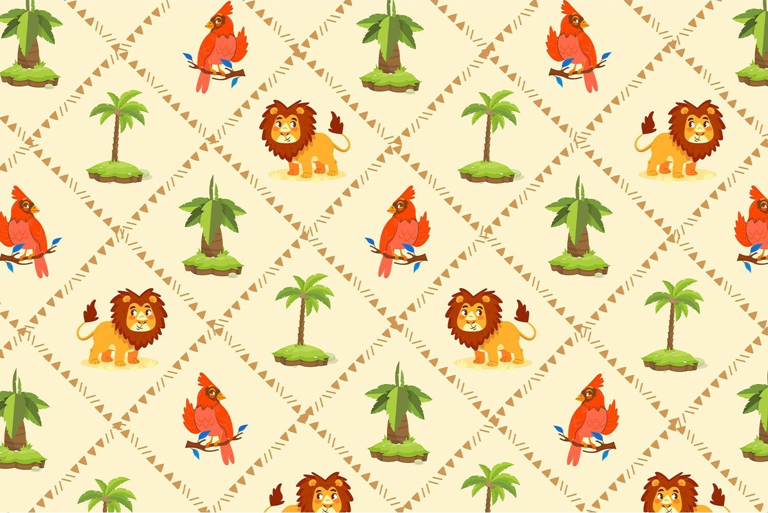 Repeating pattern of cartoon lions and red cardinals with palm trees on beige background - view 6 - mural-inequal - final