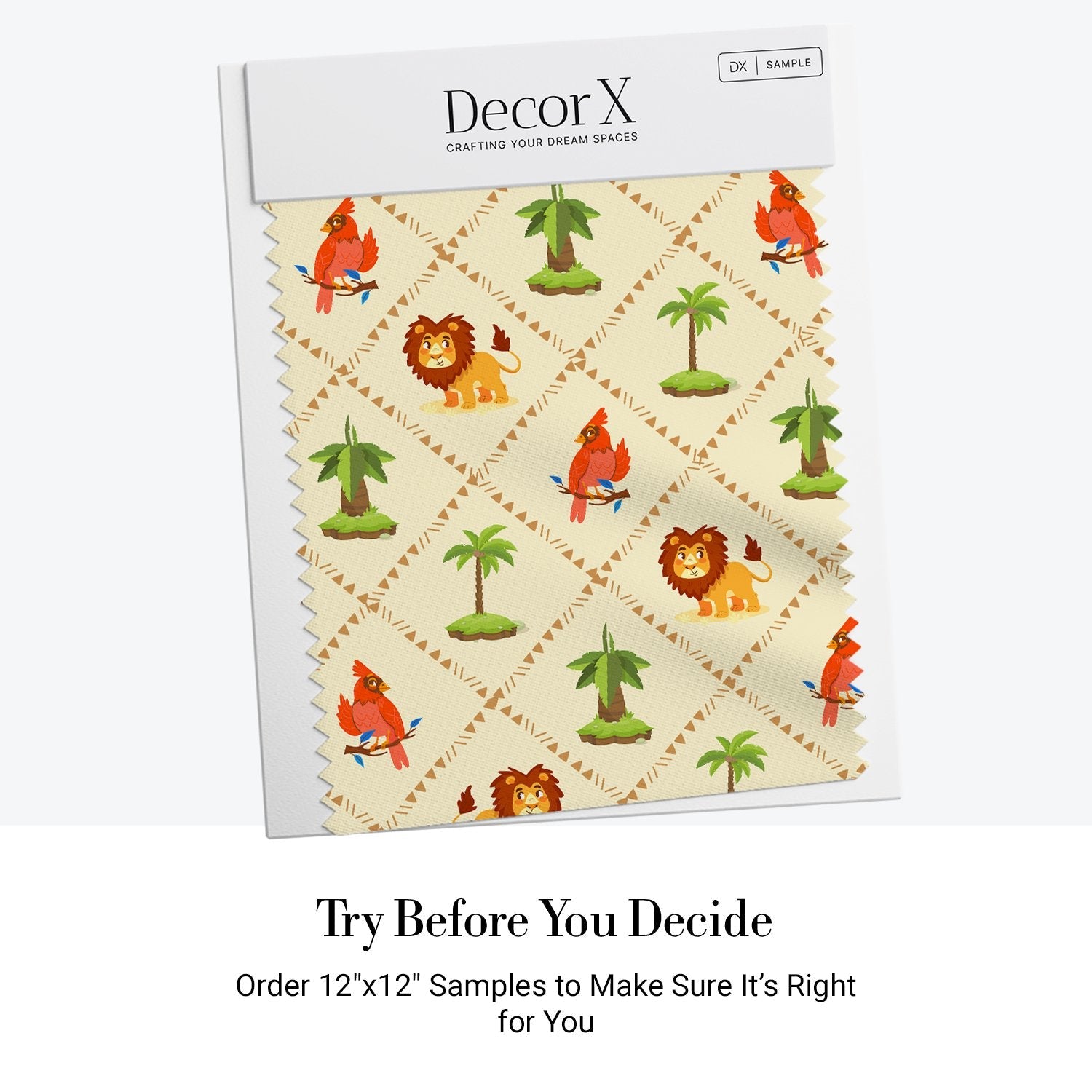 Repeating pattern of cartoon lions and red cardinals with palm trees on beige background - view 7 - final all-groups samples