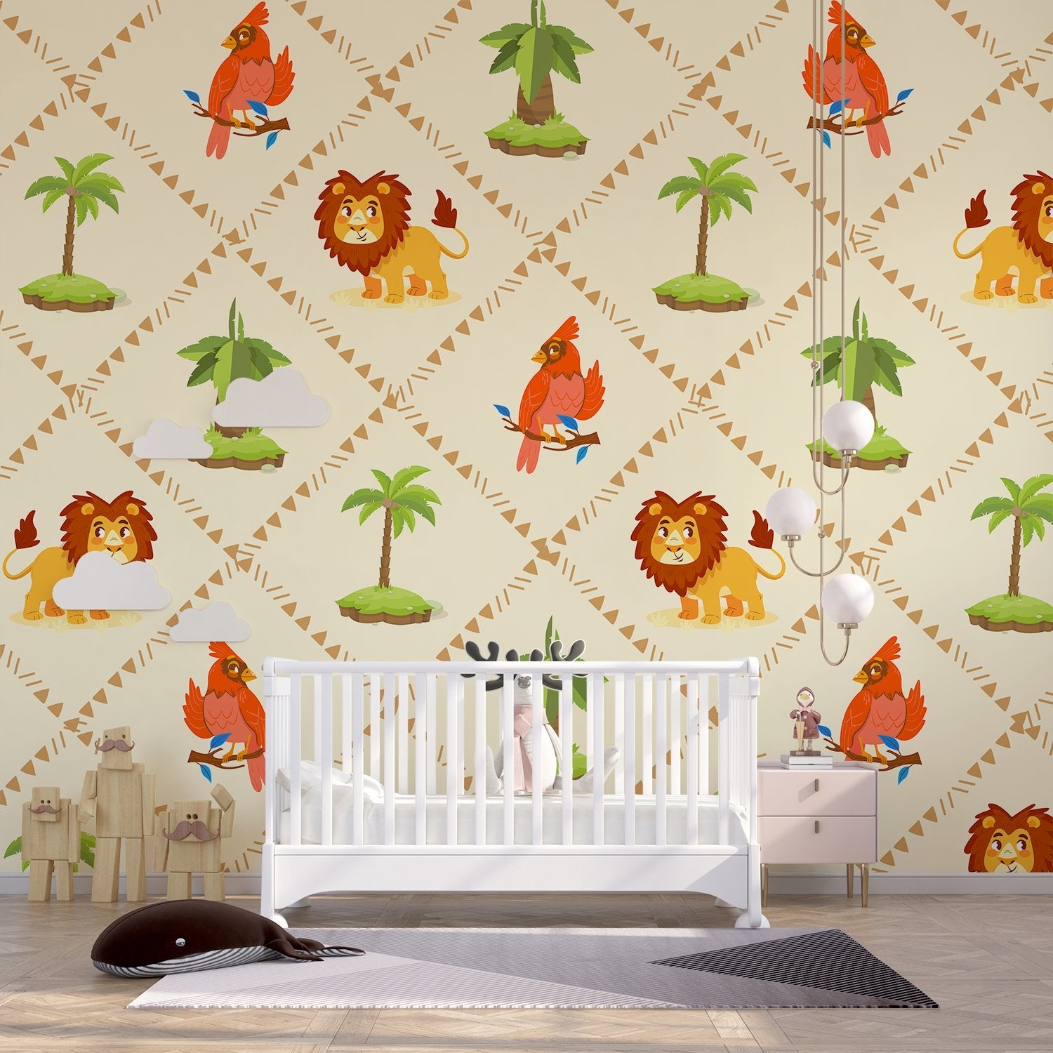 Repeating pattern of cartoon lions and red cardinals with palm trees on beige background - final kids-room
