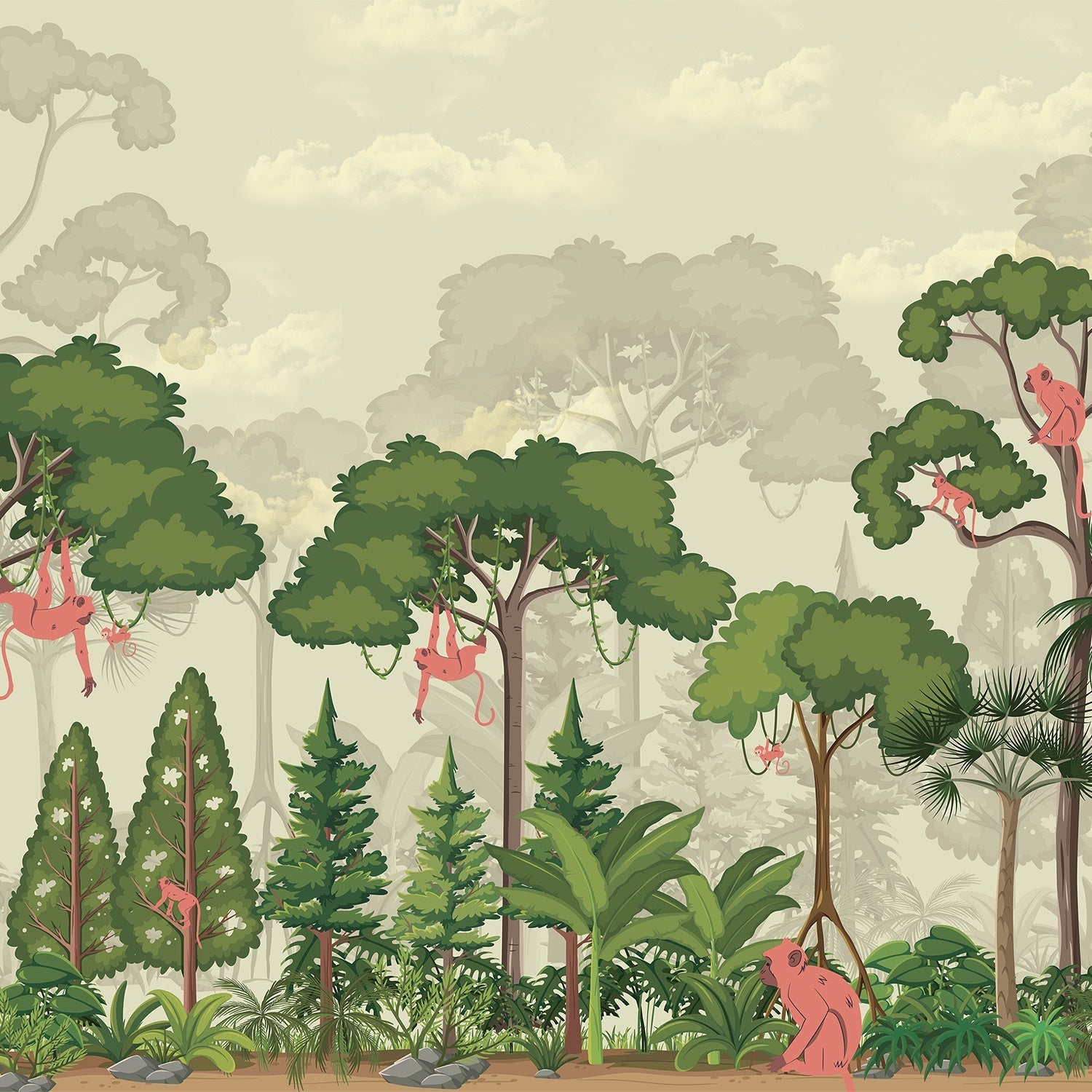 Whimsical jungle scene with monkeys in trees and soft green forest landscape mural - view 2 - final