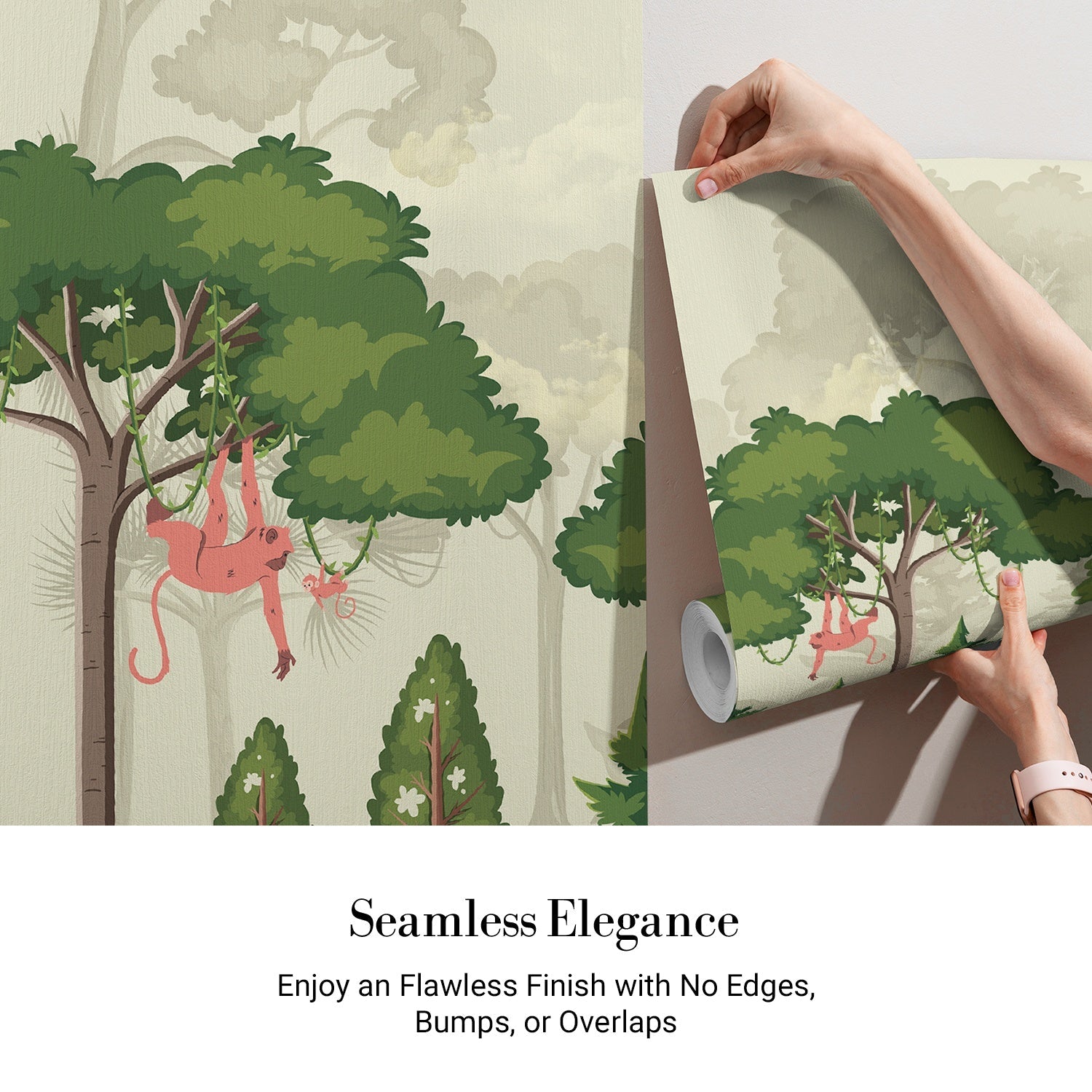 Whimsical jungle scene with monkeys in trees and soft green forest landscape mural - view 3 - final