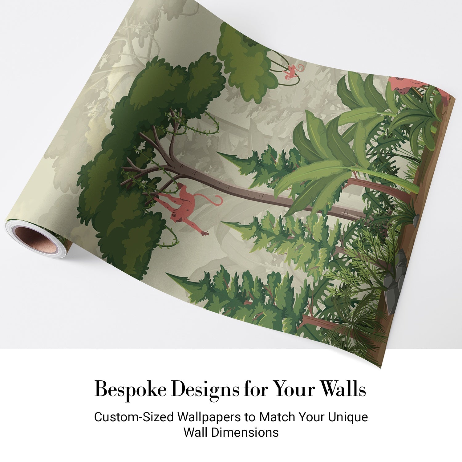 Whimsical jungle scene with monkeys in trees and soft green forest landscape mural - view 4 - final