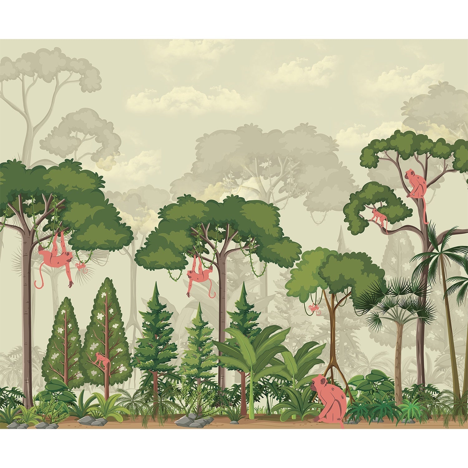 "Monkey jungle adventure in lea - tropical wallpaper mural-equal final"