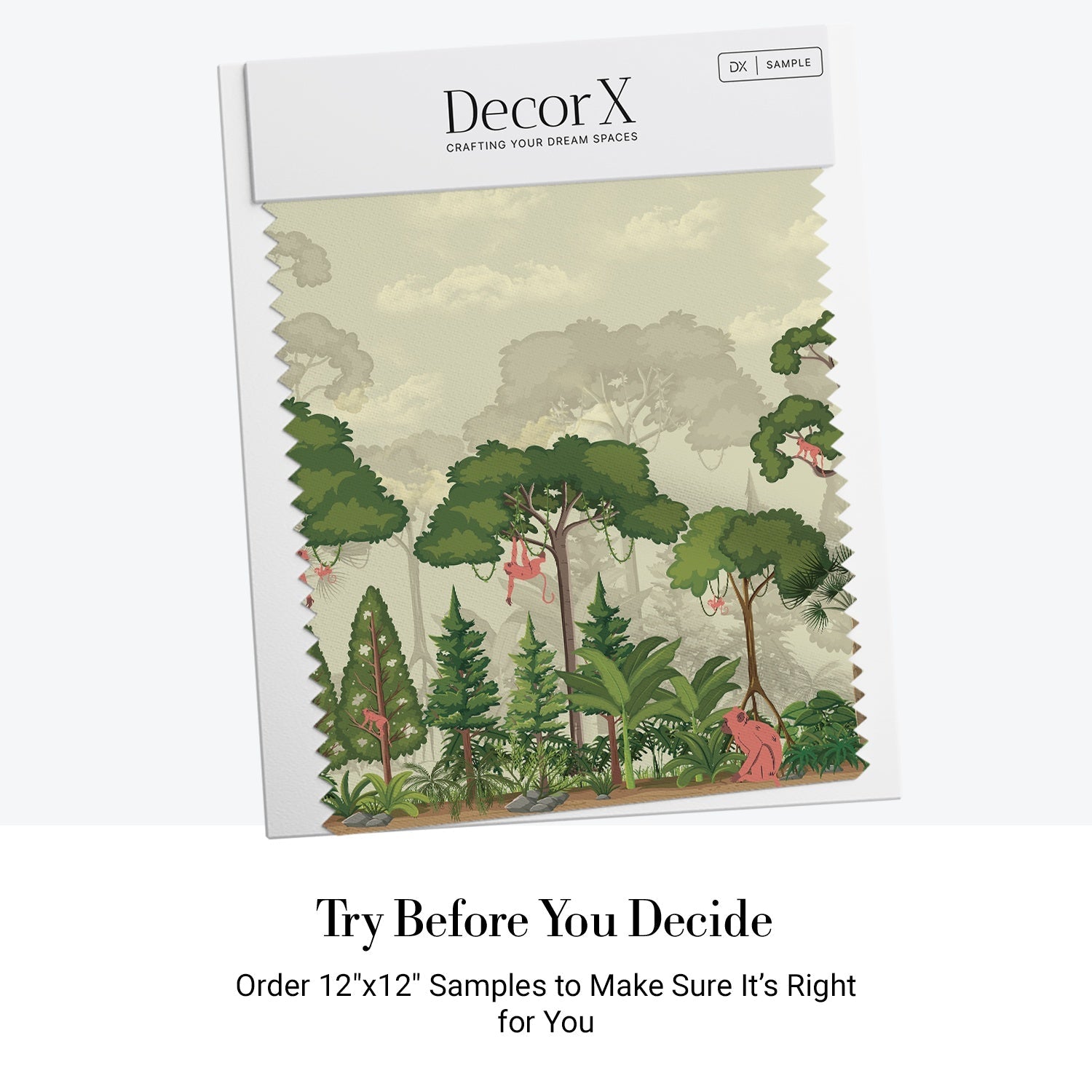 Whimsical jungle scene with monkeys in trees and soft green forest landscape mural - view 7 - final all-groups samples