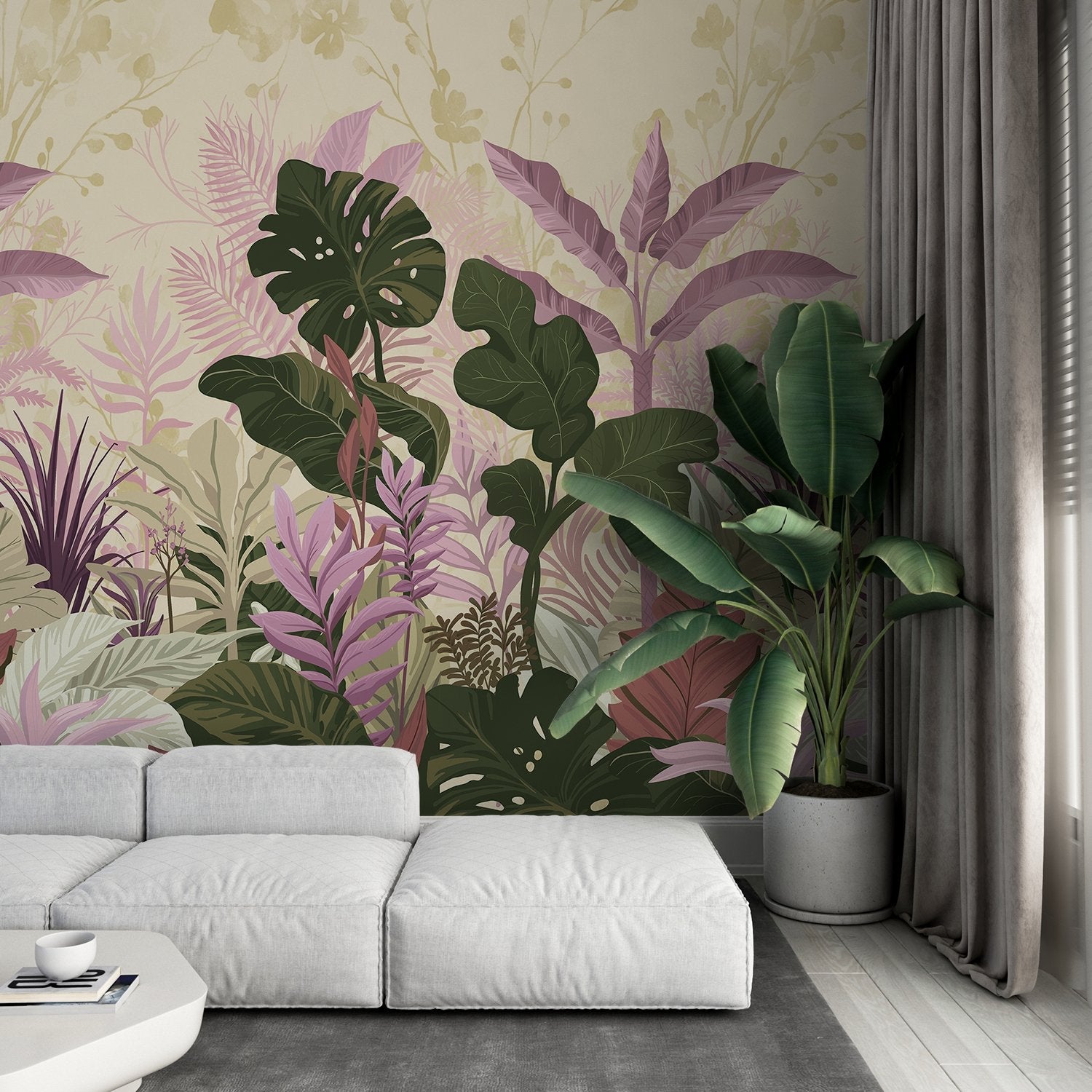Lush tropical leaves mural with emerald monstera plants against soft coral pink background - view 11 - final