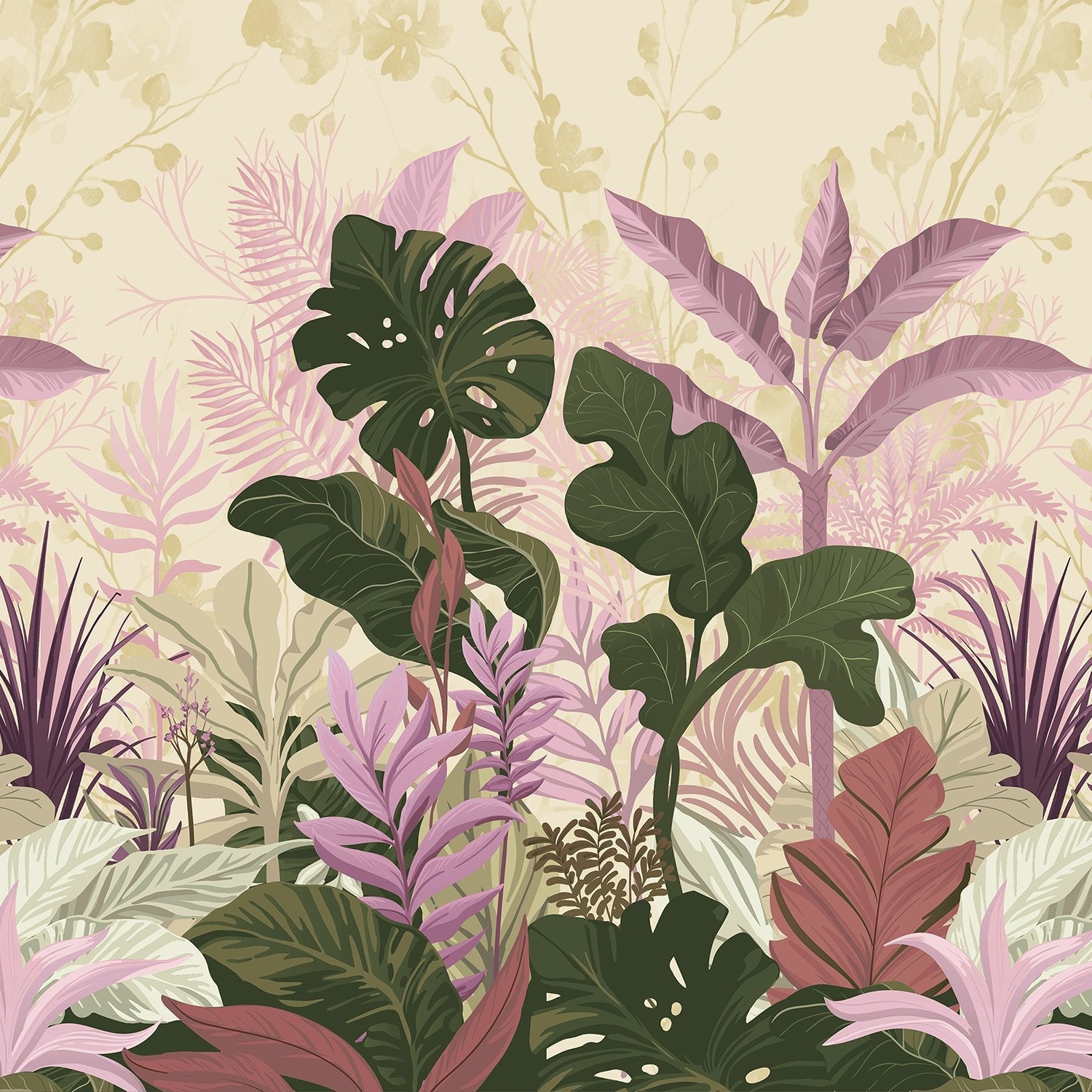 Lush tropical leaves mural with emerald monstera plants against soft coral pink background - view 12 - final